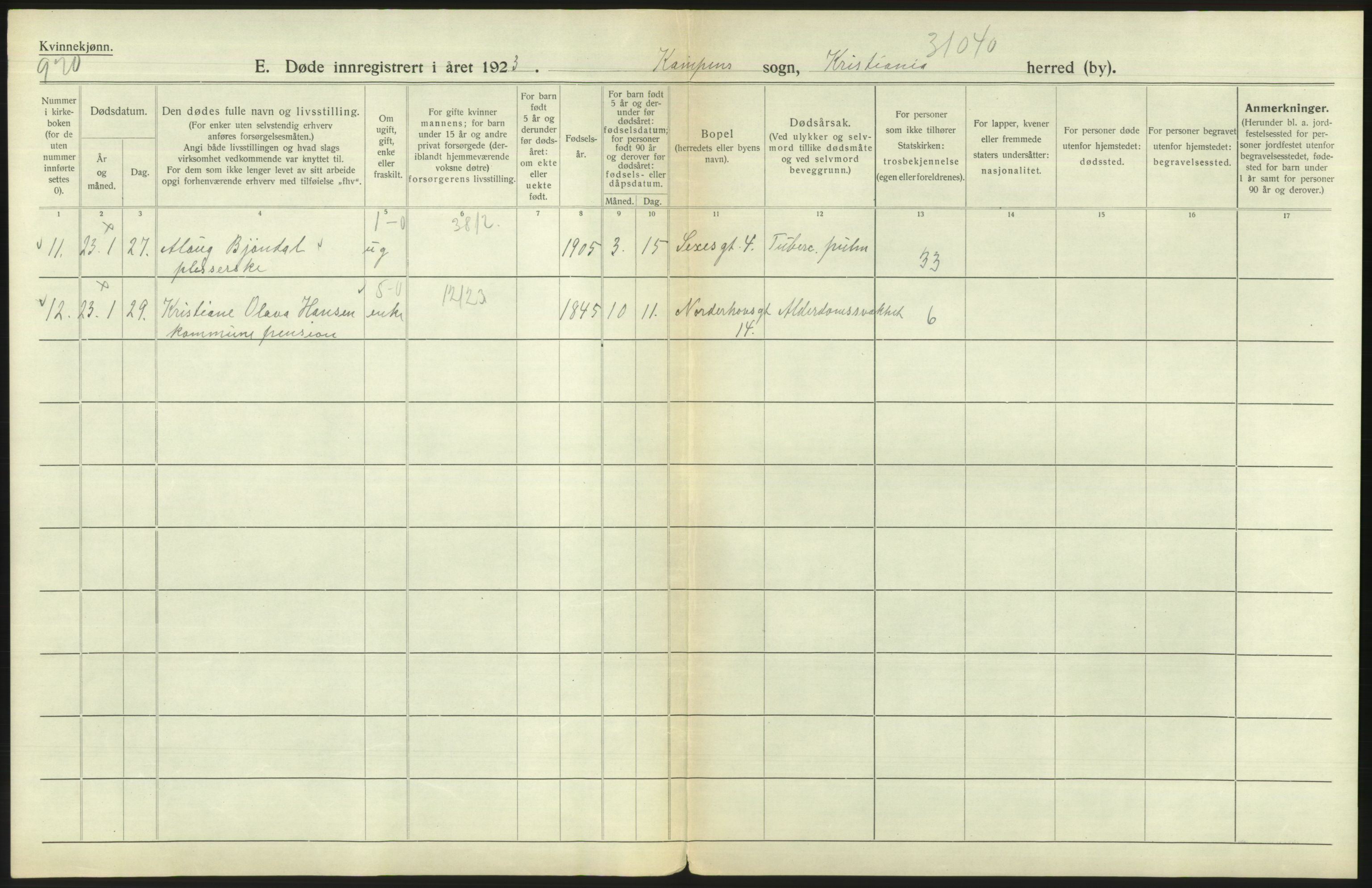 Statistisk sentralbyrå, Sosiodemografiske emner, Befolkning, RA/S-2228/D/Df/Dfc/Dfcc/L0010: Kristiania: Døde, dødfødte, 1923, p. 238