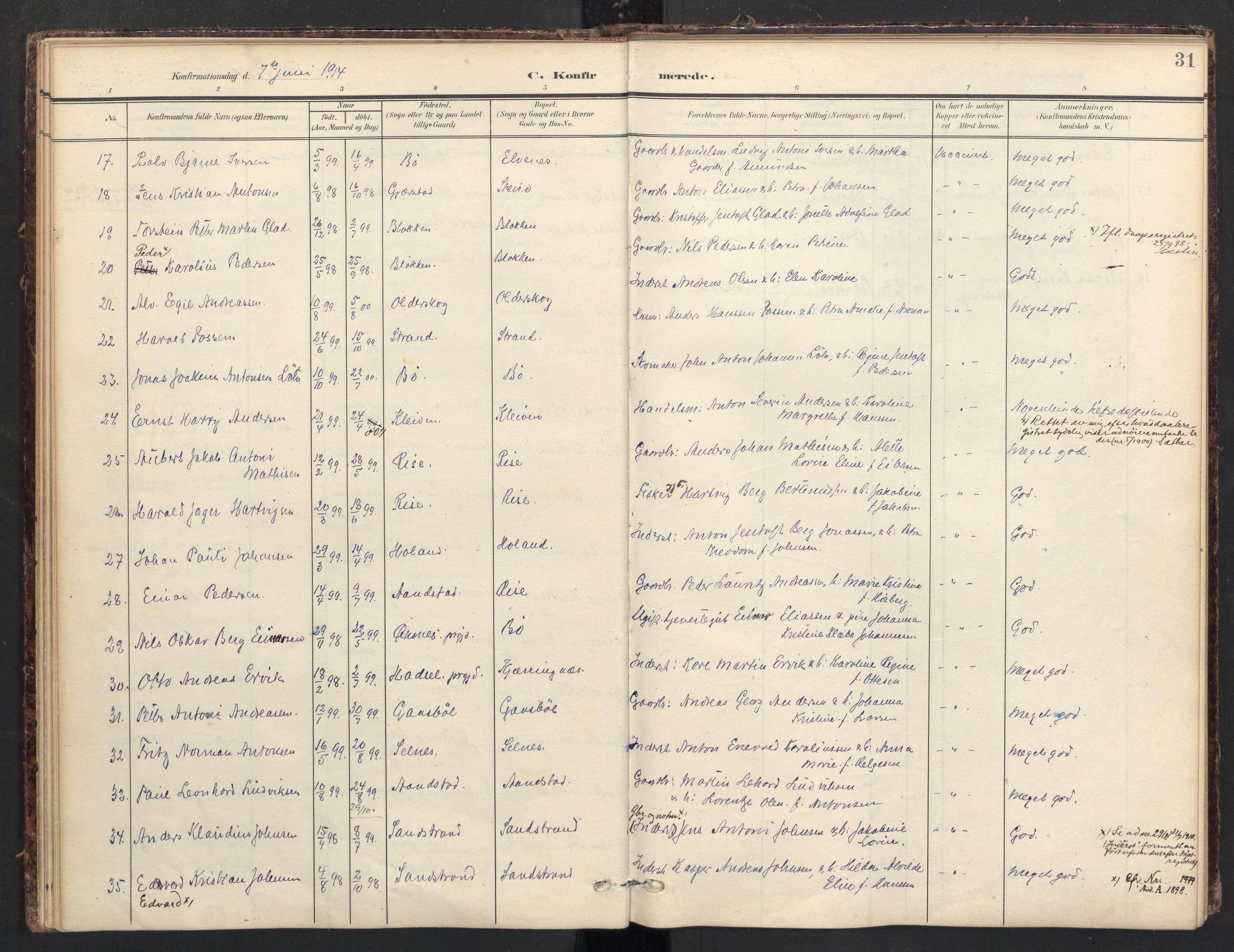 Ministerialprotokoller, klokkerbøker og fødselsregistre - Nordland, AV/SAT-A-1459/895/L1375: Parish register (official) no. 895A10, 1907-1938, p. 31