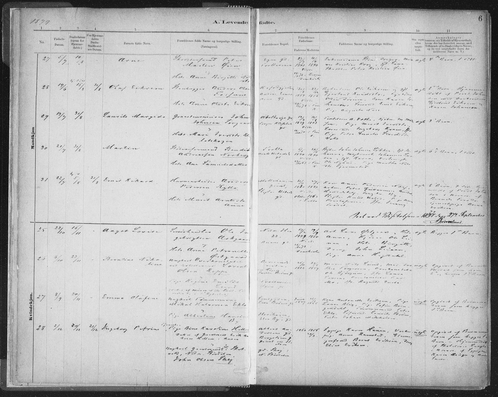 Ministerialprotokoller, klokkerbøker og fødselsregistre - Sør-Trøndelag, SAT/A-1456/603/L0162: Parish register (official) no. 603A01, 1879-1895, p. 6
