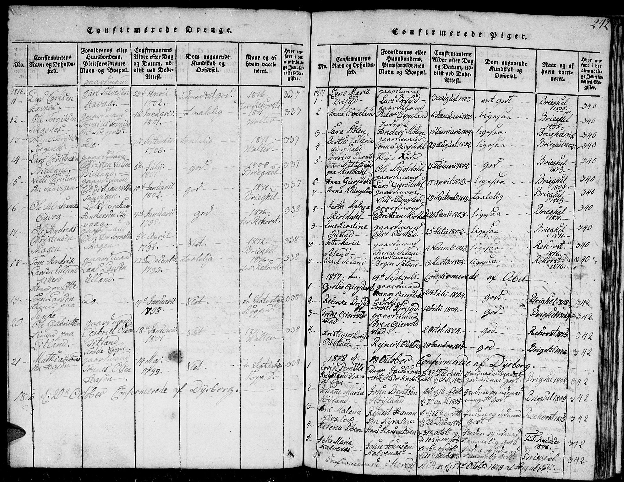 Herad sokneprestkontor, AV/SAK-1111-0018/F/Fb/Fba/L0001: Parish register (copy) no. B 1, 1815-1852, p. 242