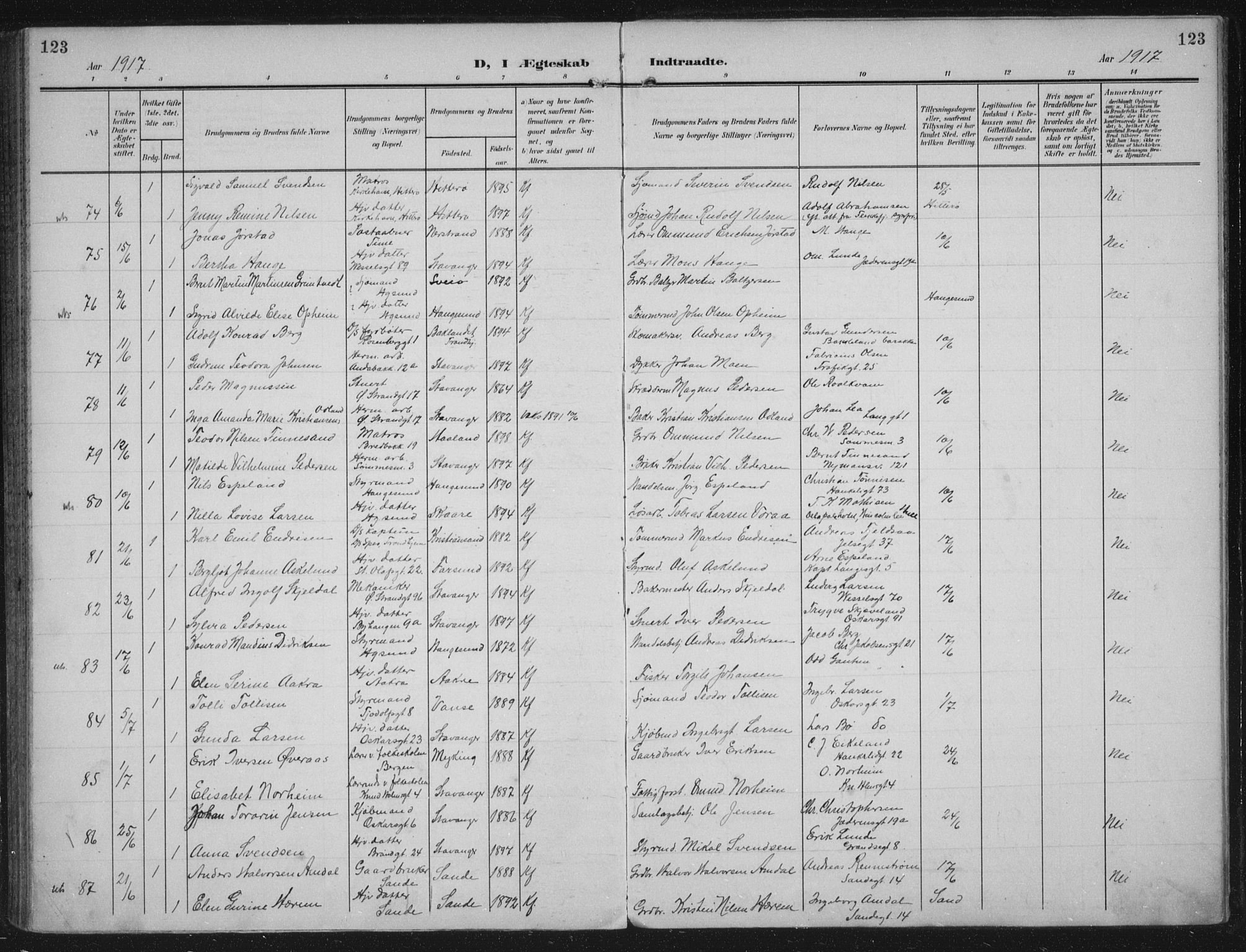 Domkirken sokneprestkontor, AV/SAST-A-101812/002/A/L0016: Parish register (official) no. A 33, 1905-1922, p. 123