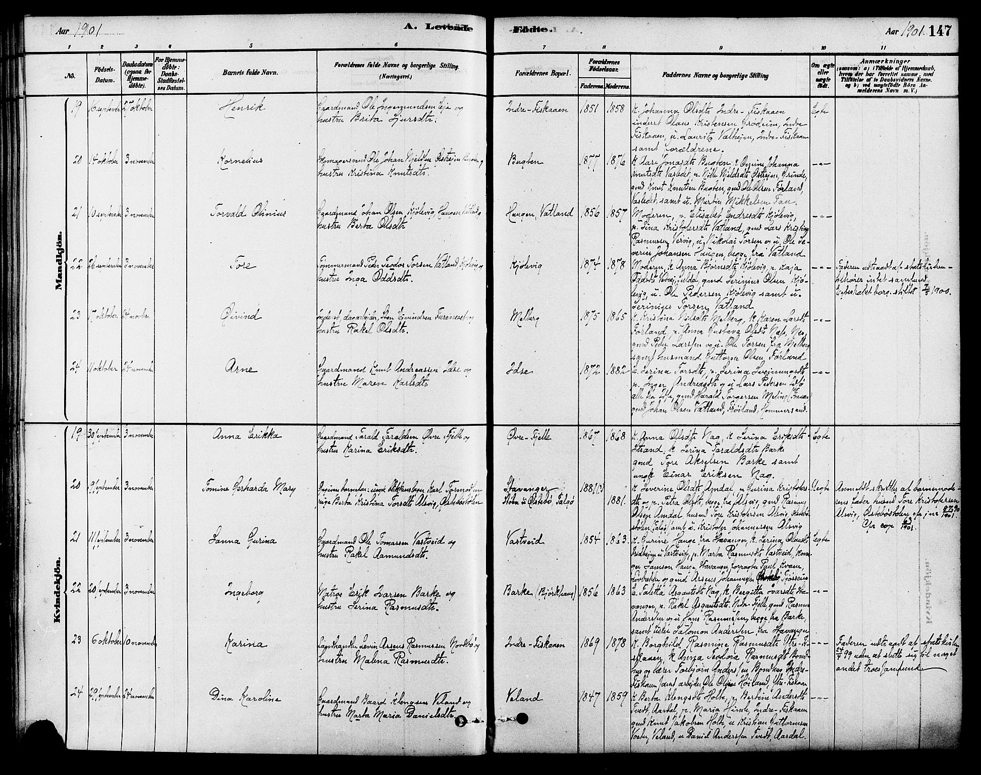 Strand sokneprestkontor, SAST/A-101828/H/Ha/Haa/L0009: Parish register (official) no. A 9, 1877-1908, p. 147