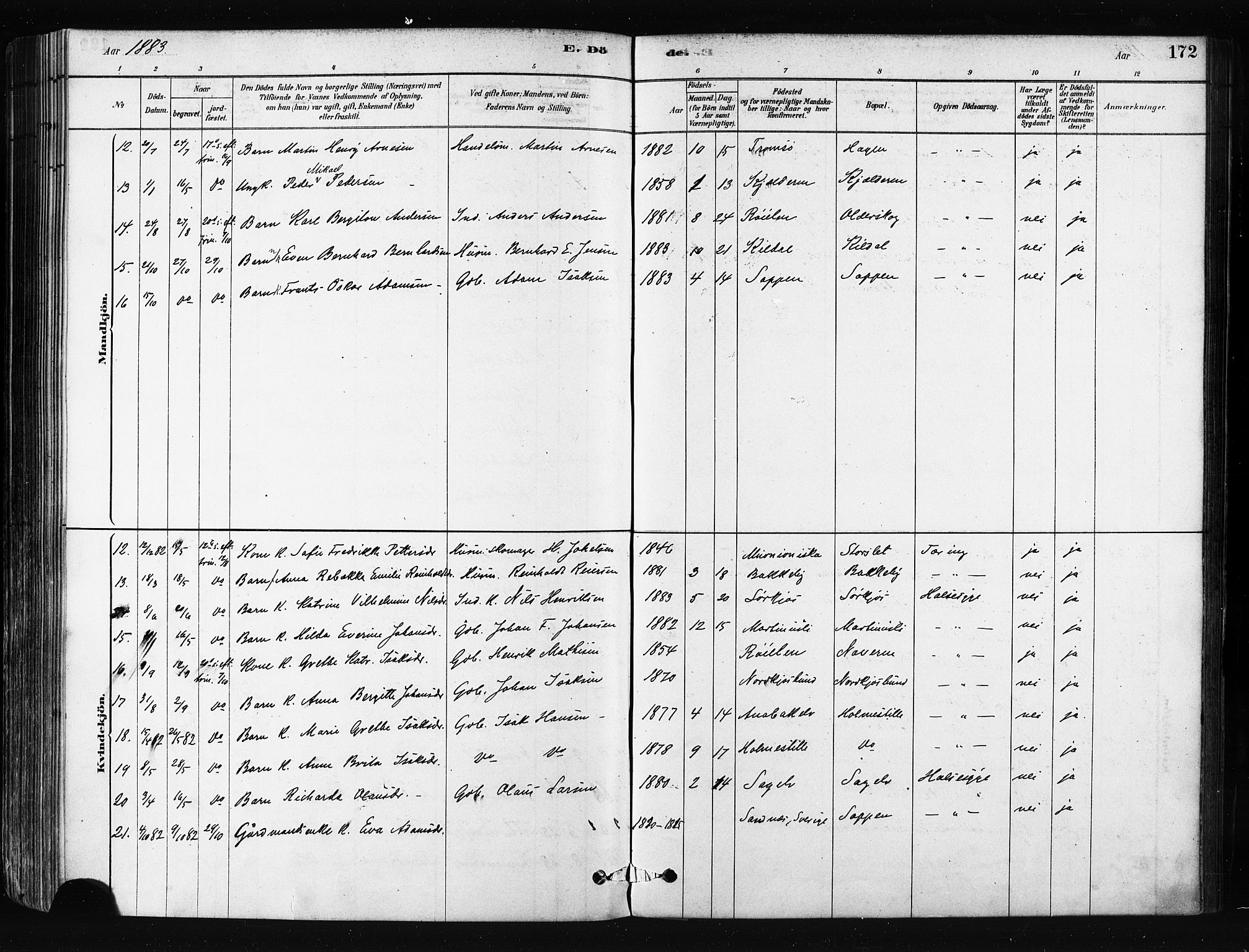 Skjervøy sokneprestkontor, SATØ/S-1300/H/Ha/Haa/L0014kirke: Parish register (official) no. 14, 1878-1894, p. 172