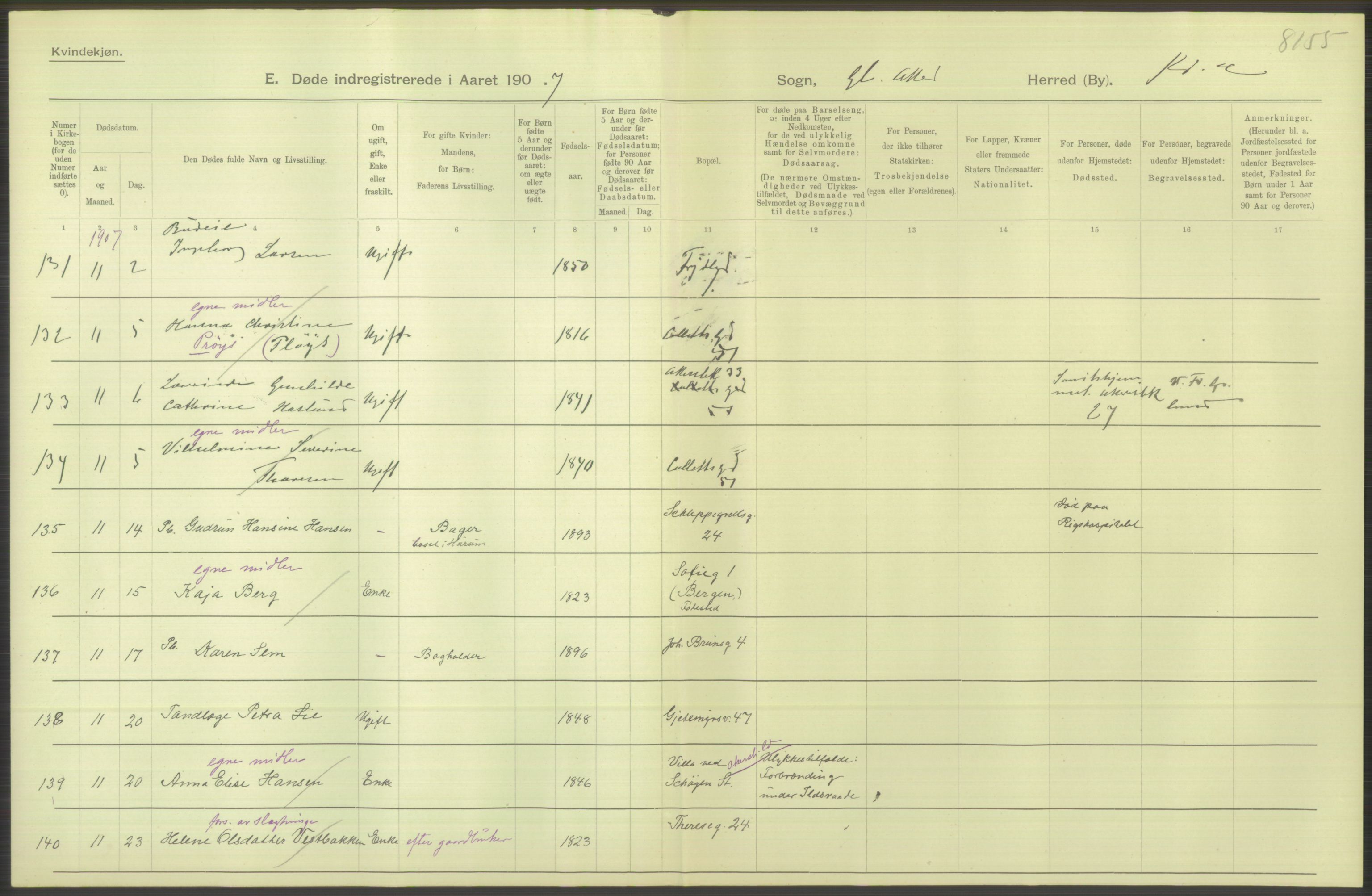 Statistisk sentralbyrå, Sosiodemografiske emner, Befolkning, AV/RA-S-2228/D/Df/Dfa/Dfae/L0009: Kristiania: Døde, 1907, p. 228