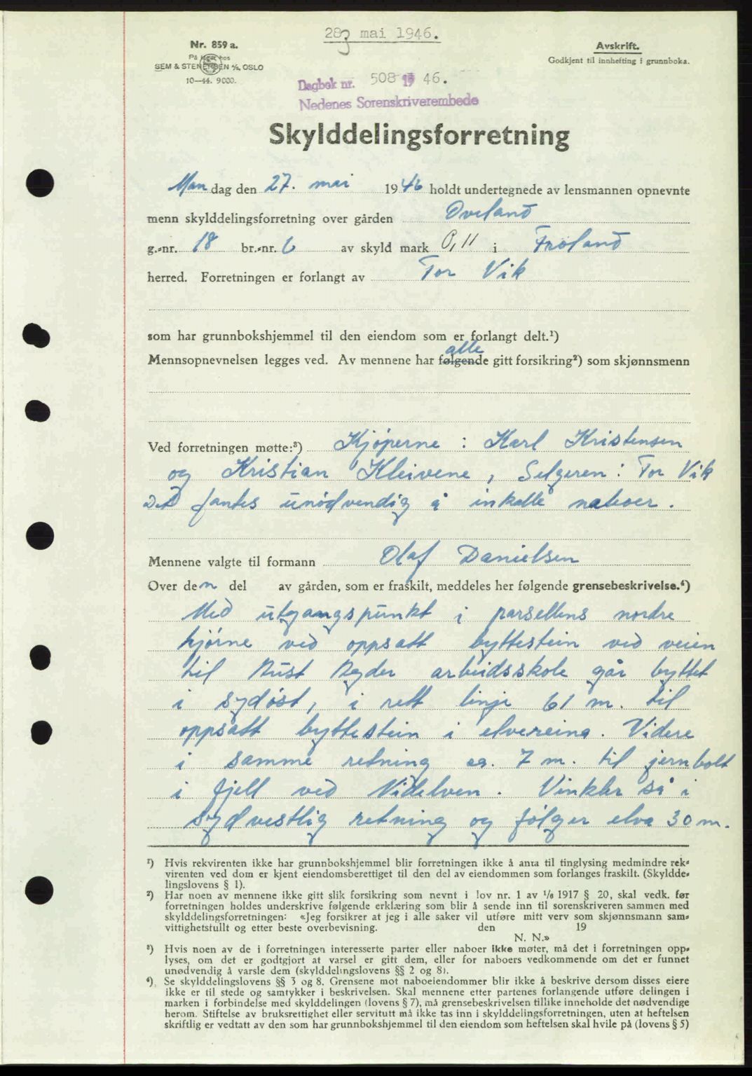 Nedenes sorenskriveri, SAK/1221-0006/G/Gb/Gba/L0054: Mortgage book no. A6c, 1946-1946, Diary no: : 508/1946