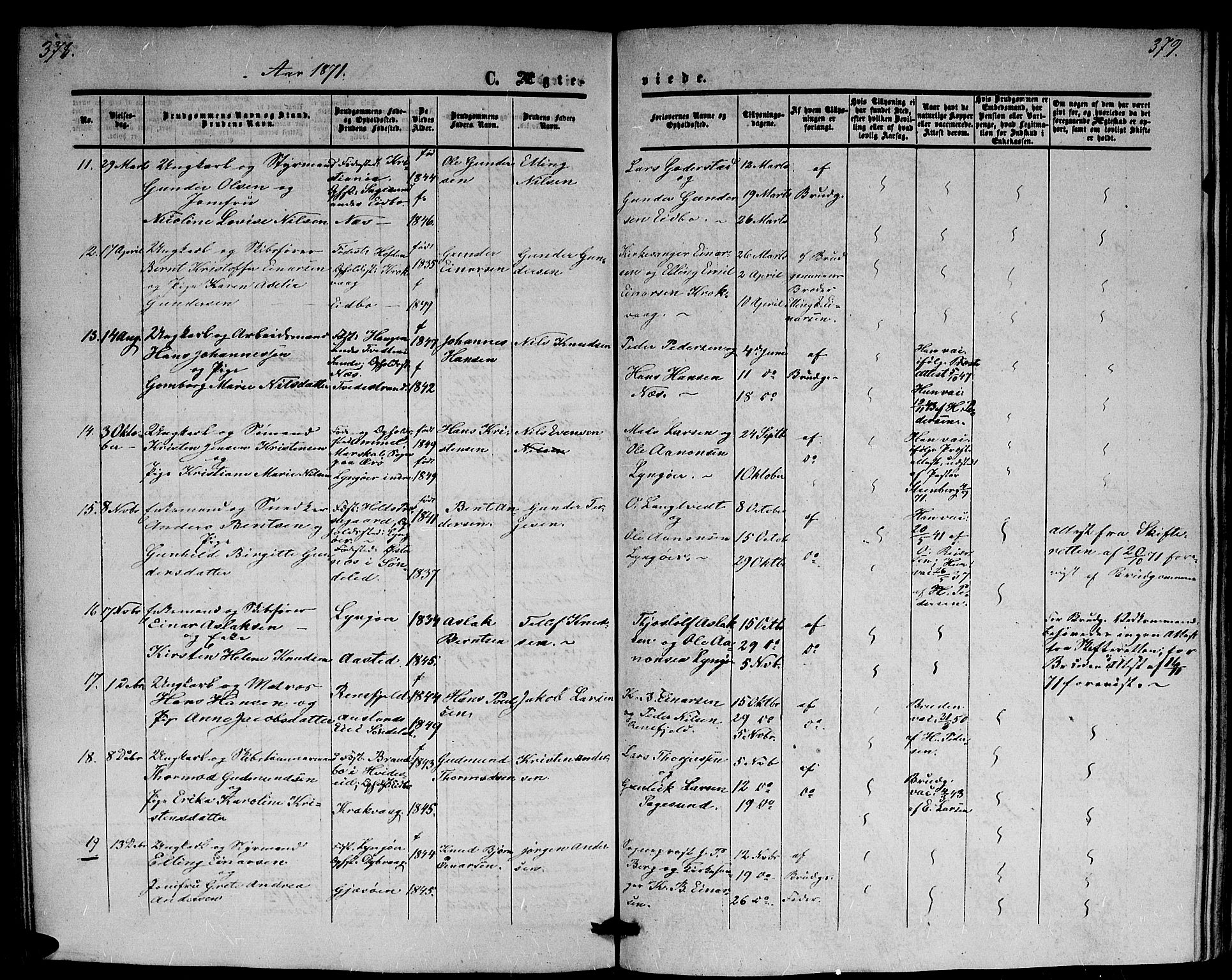 Dypvåg sokneprestkontor, AV/SAK-1111-0007/F/Fb/Fba/L0011: Parish register (copy) no. B 11, 1857-1872, p. 378-379