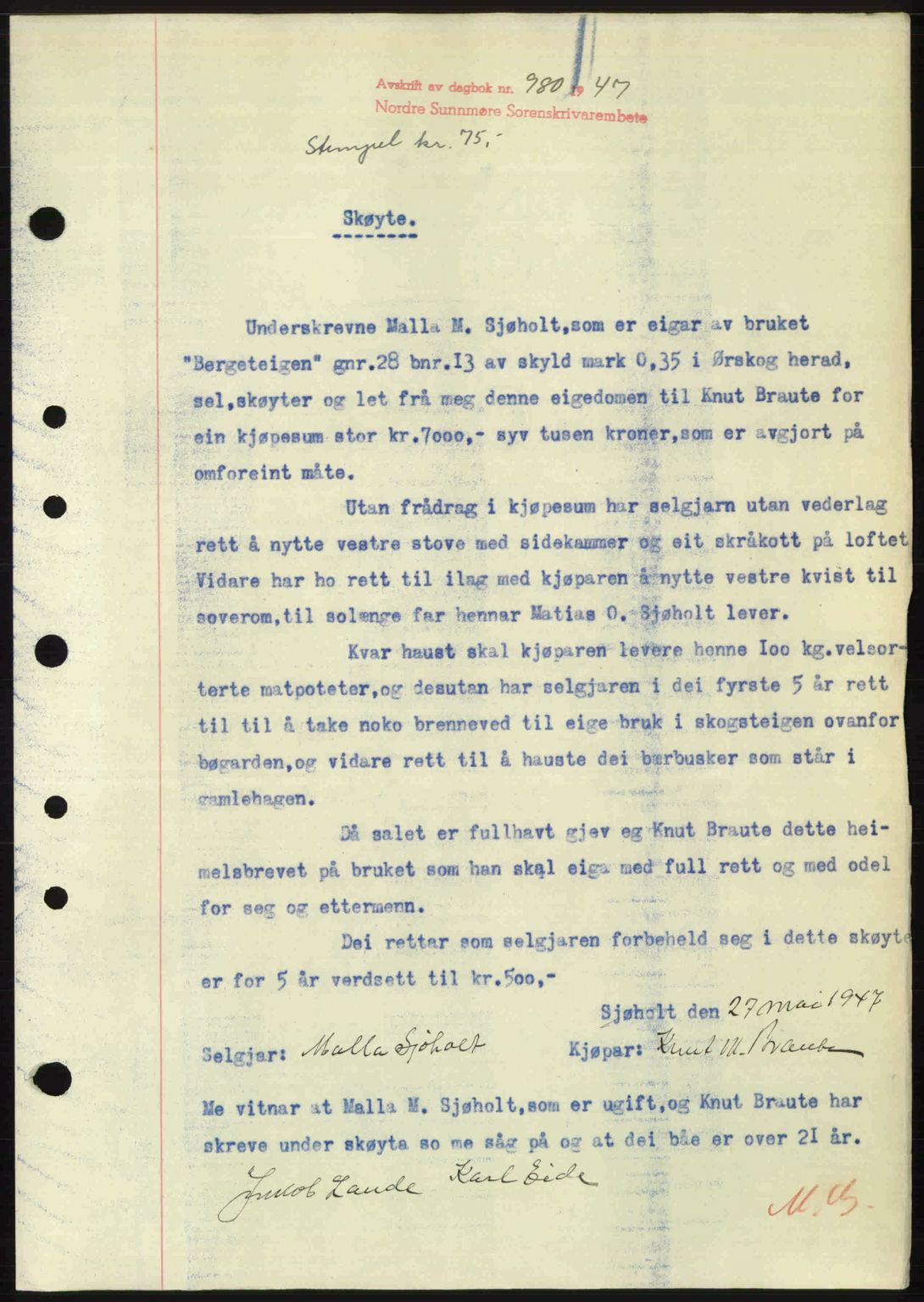 Nordre Sunnmøre sorenskriveri, AV/SAT-A-0006/1/2/2C/2Ca: Mortgage book no. A24, 1947-1947, Diary no: : 980/1947