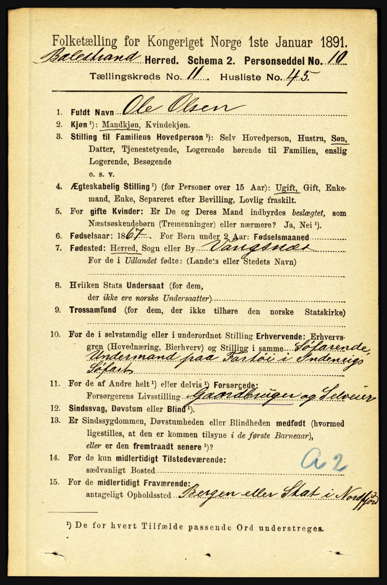 RA, 1891 census for 1418 Balestrand, 1891, p. 2741