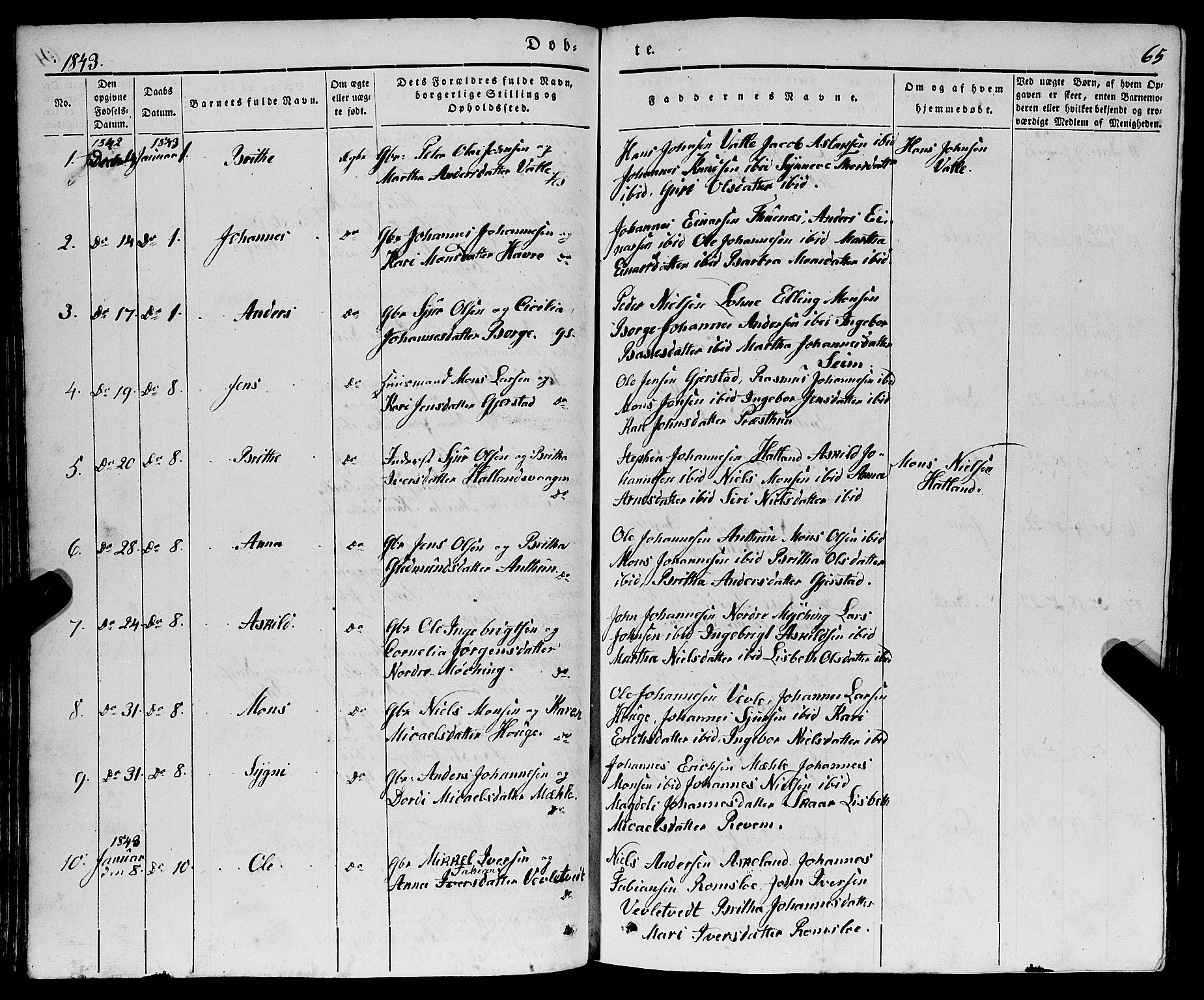 Haus sokneprestembete, AV/SAB-A-75601/H/Haa: Parish register (official) no. A 15, 1838-1847, p. 65