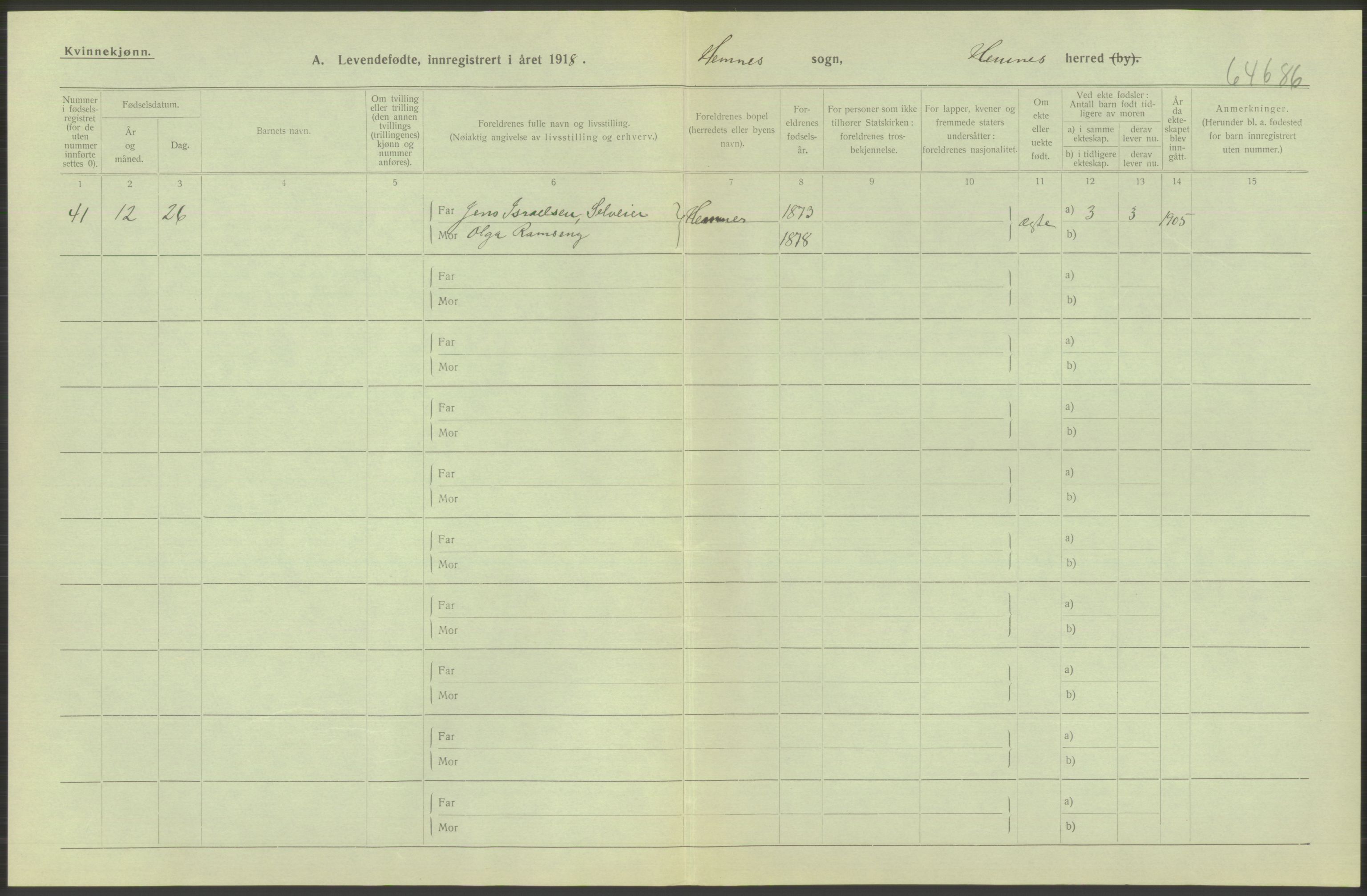 Statistisk sentralbyrå, Sosiodemografiske emner, Befolkning, AV/RA-S-2228/D/Df/Dfb/Dfbh/L0052: Nordland fylke: Levendefødte menn og kvinner. Bygder., 1918, p. 614