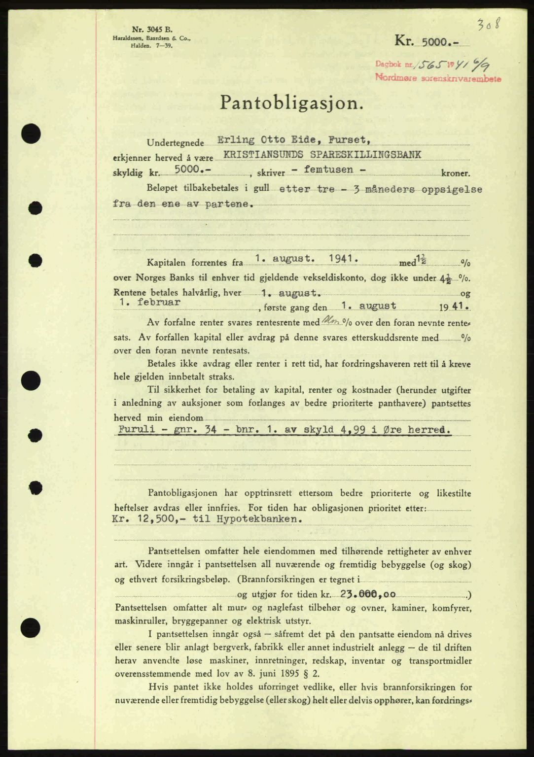 Nordmøre sorenskriveri, AV/SAT-A-4132/1/2/2Ca: Mortgage book no. B88, 1941-1942, Diary no: : 1565/1941