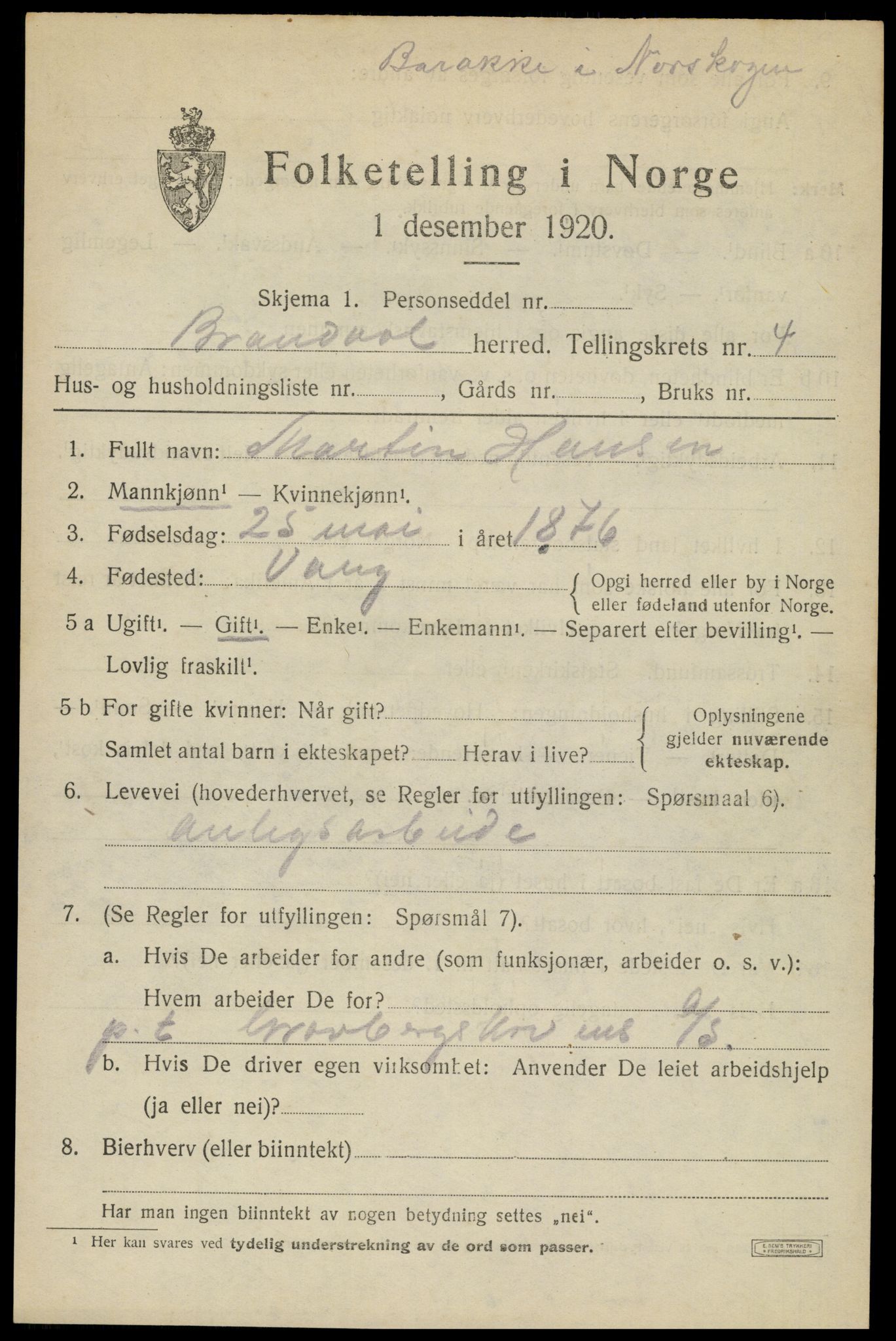 SAH, 1920 census for Brandval, 1920, p. 4366