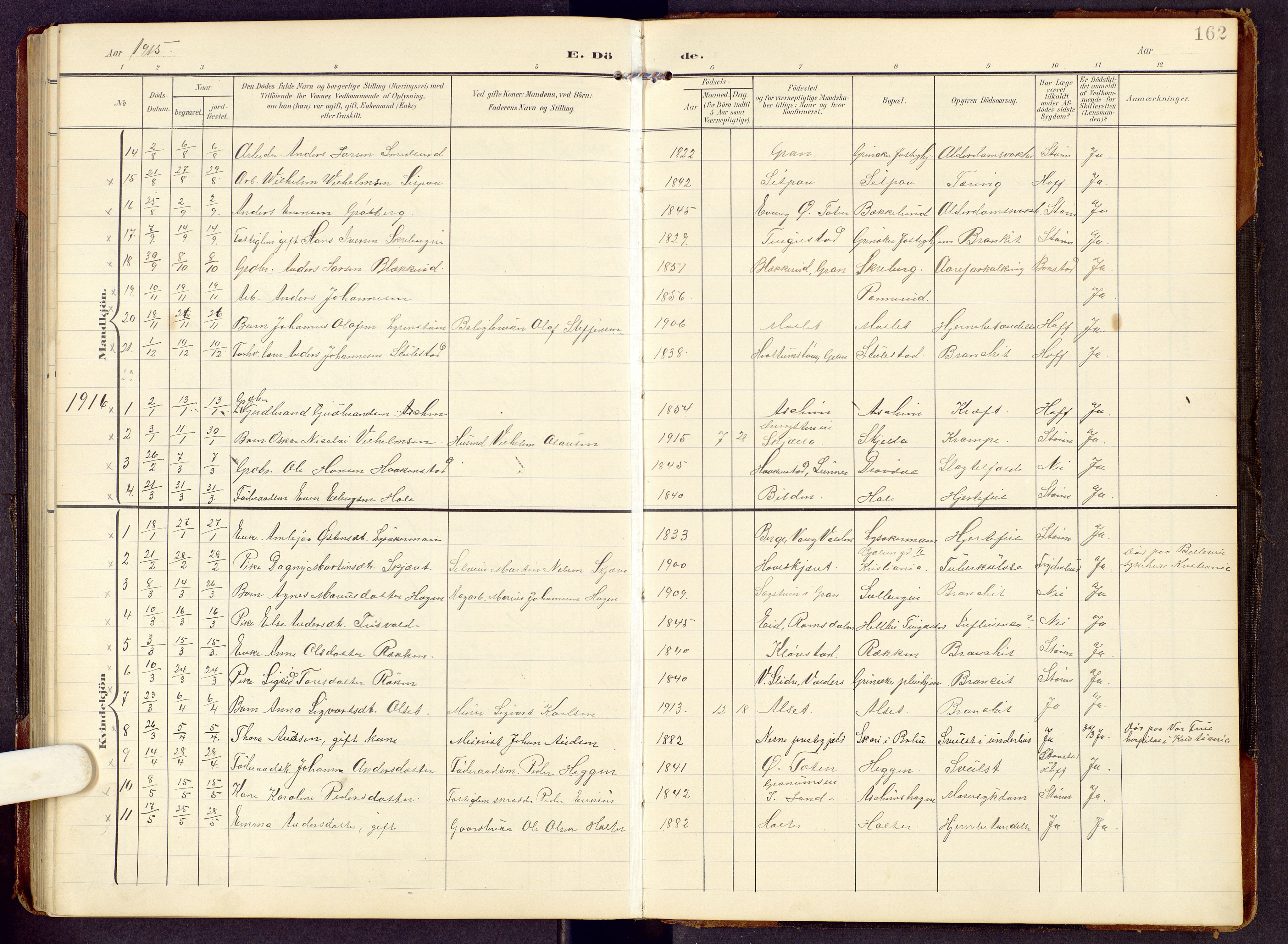 Brandbu prestekontor, SAH/PREST-114/H/Ha/Hab/L0009: Parish register (copy) no. 9, 1903-1916, p. 162