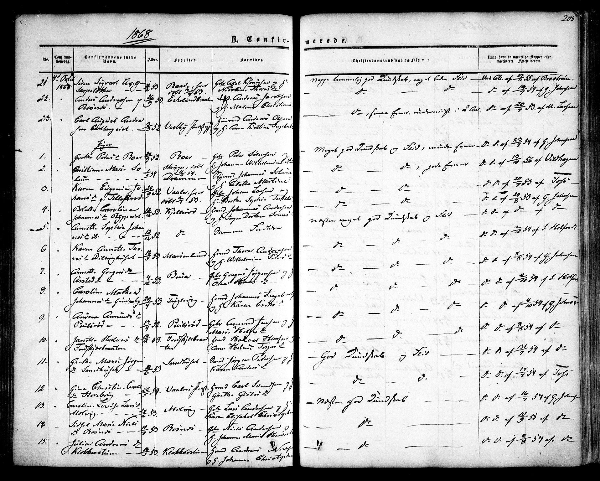 Rygge prestekontor Kirkebøker, SAO/A-10084b/F/Fa/L0005: Parish register (official) no. 5, 1852-1871, p. 205
