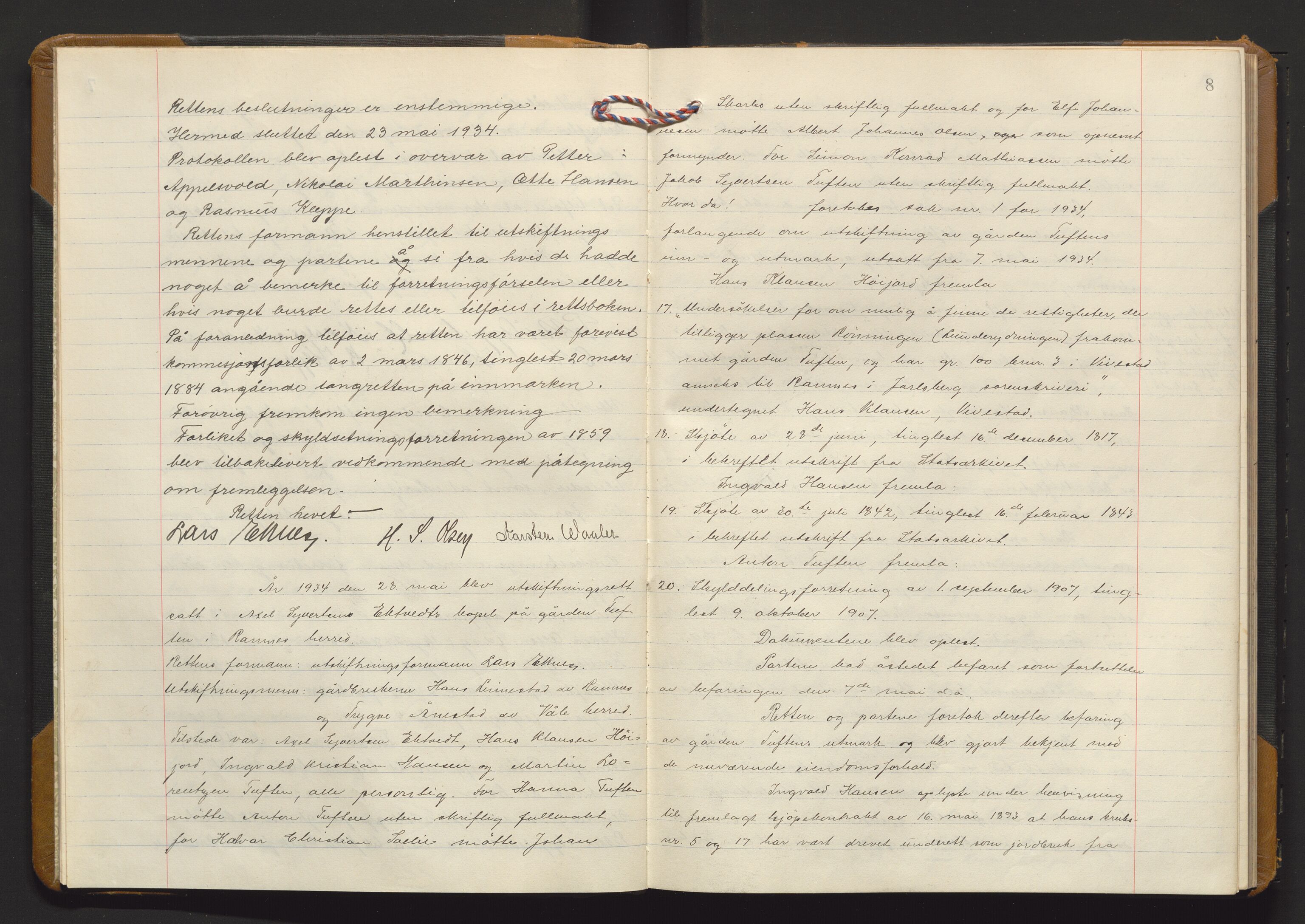 Utskiftningsvesenet i Vestfold, AV/SAKO-A-797/F/Fa/L0021: Rettsbok (forhandlingsprotokoll), 1934-1935, p. 7b-8a