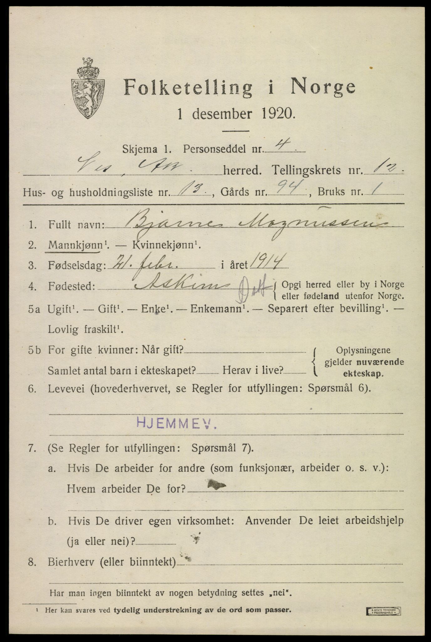 SAO, 1920 census for Nes, 1920, p. 12384