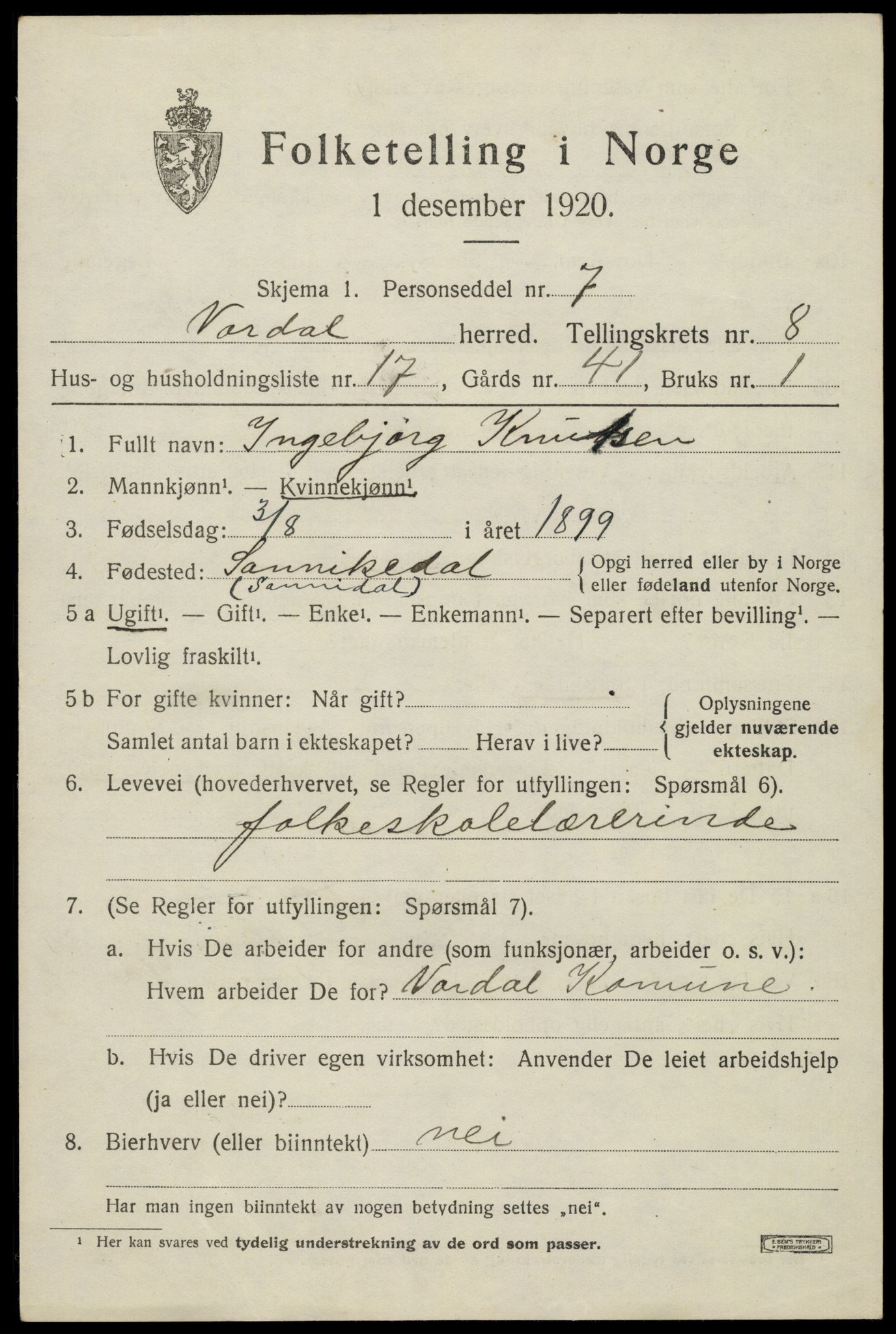 SAH, 1920 census for Vardal, 1920, p. 5919