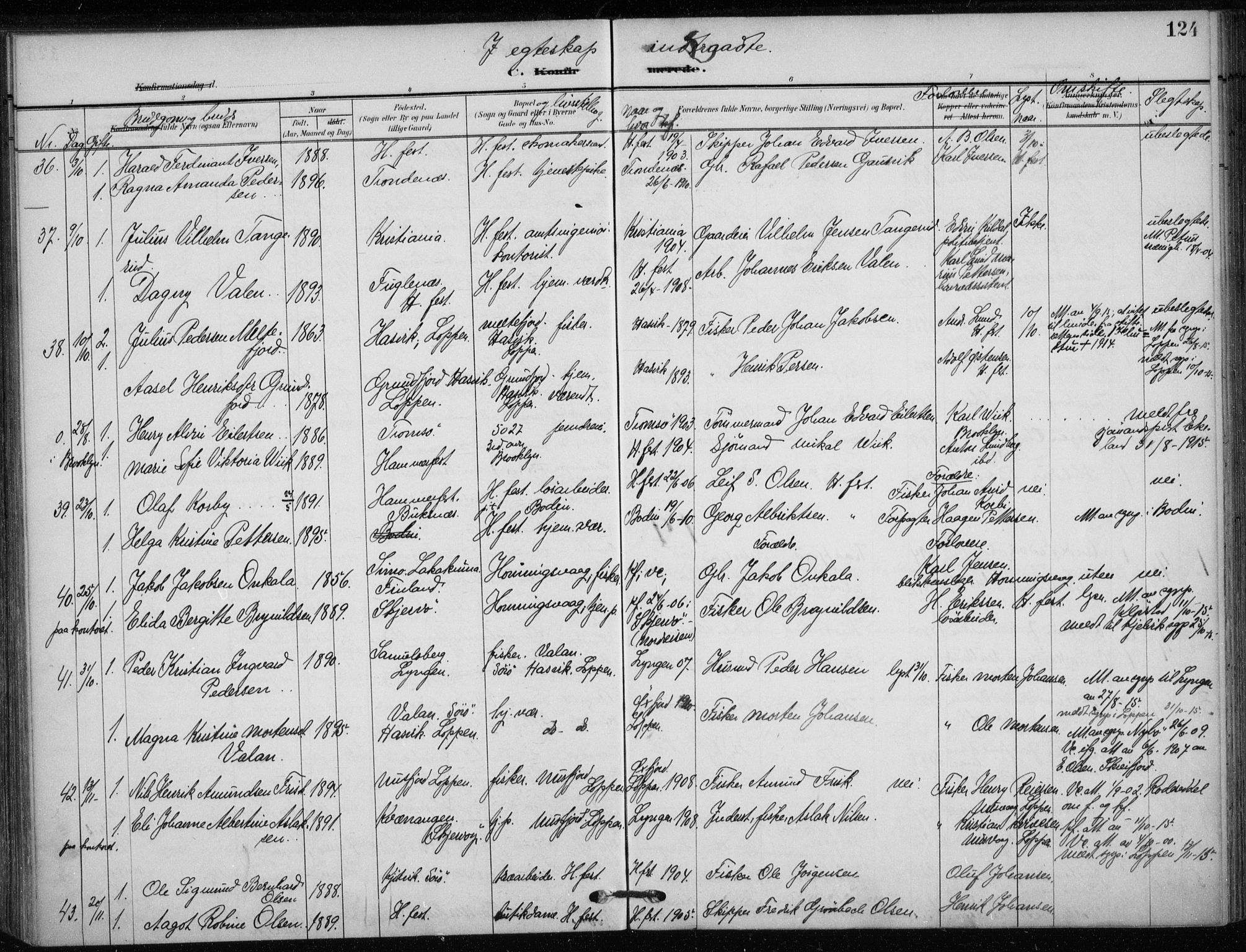Hammerfest sokneprestkontor, AV/SATØ-S-1347/H/Ha/L0014.kirke: Parish register (official) no. 14, 1906-1916, p. 124