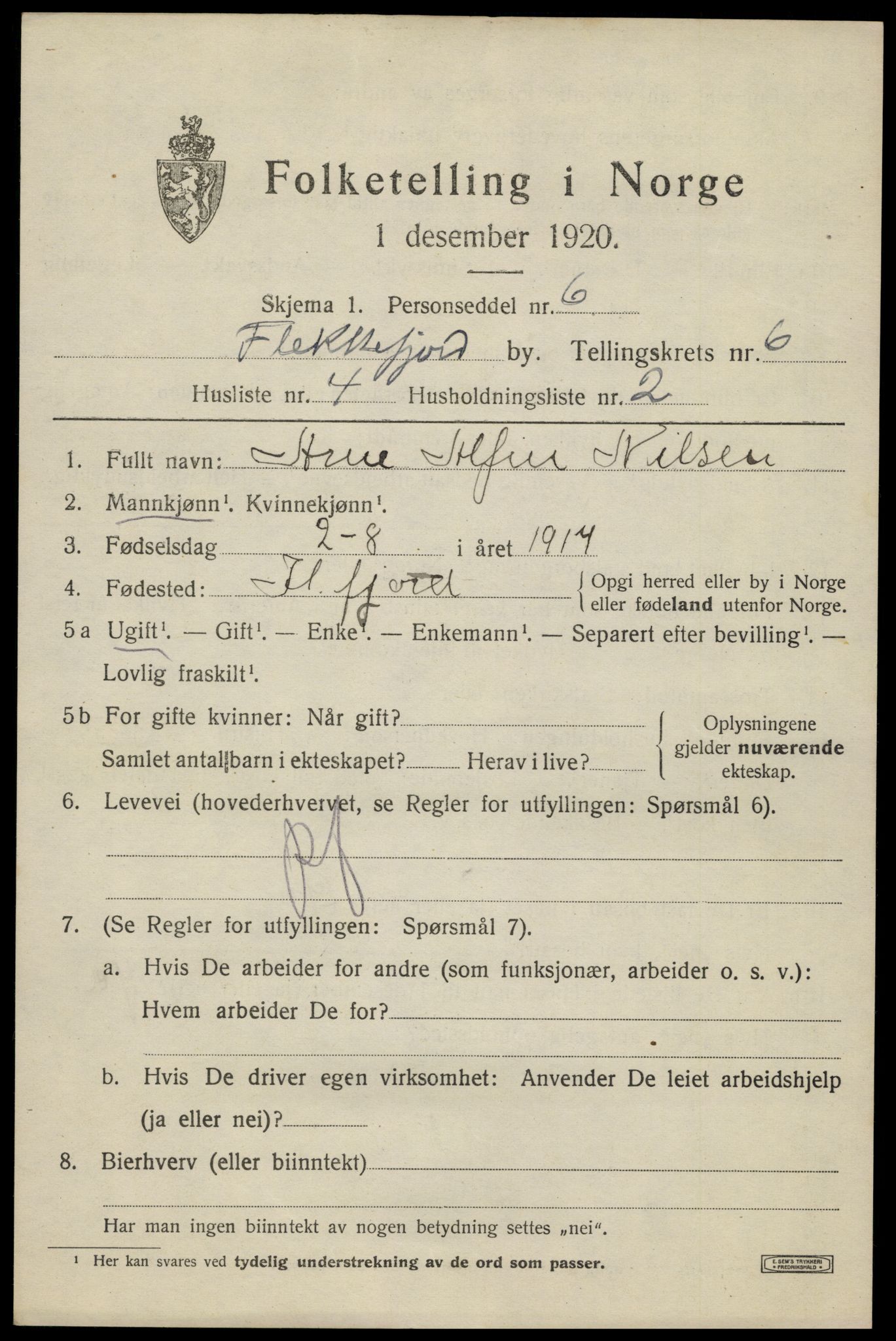 SAK, 1920 census for Flekkefjord, 1920, p. 5800