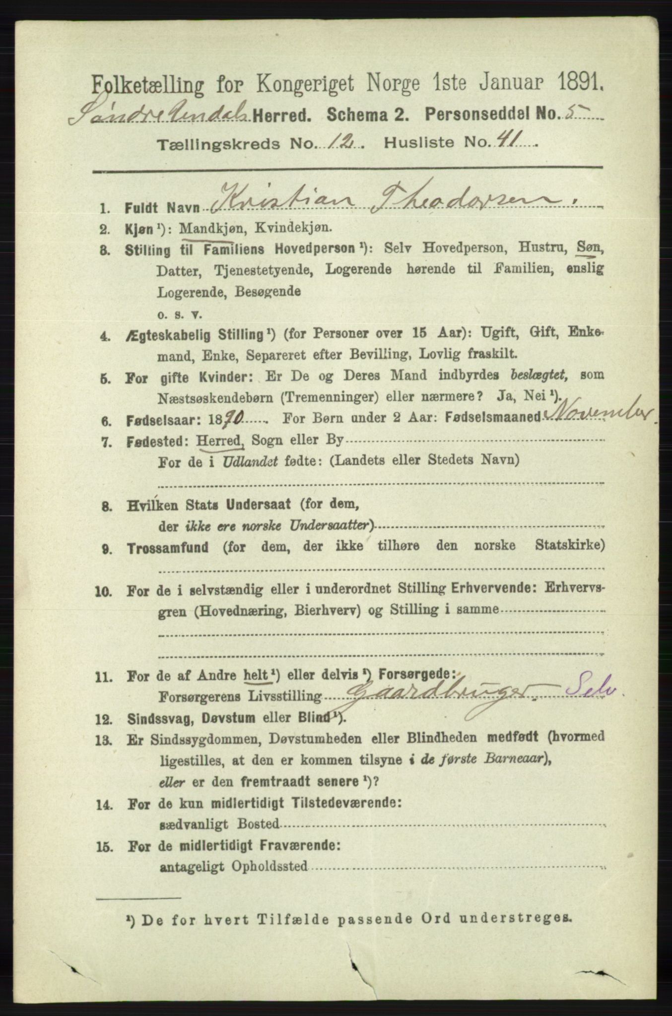 RA, 1891 census for 1029 Sør-Audnedal, 1891, p. 5734