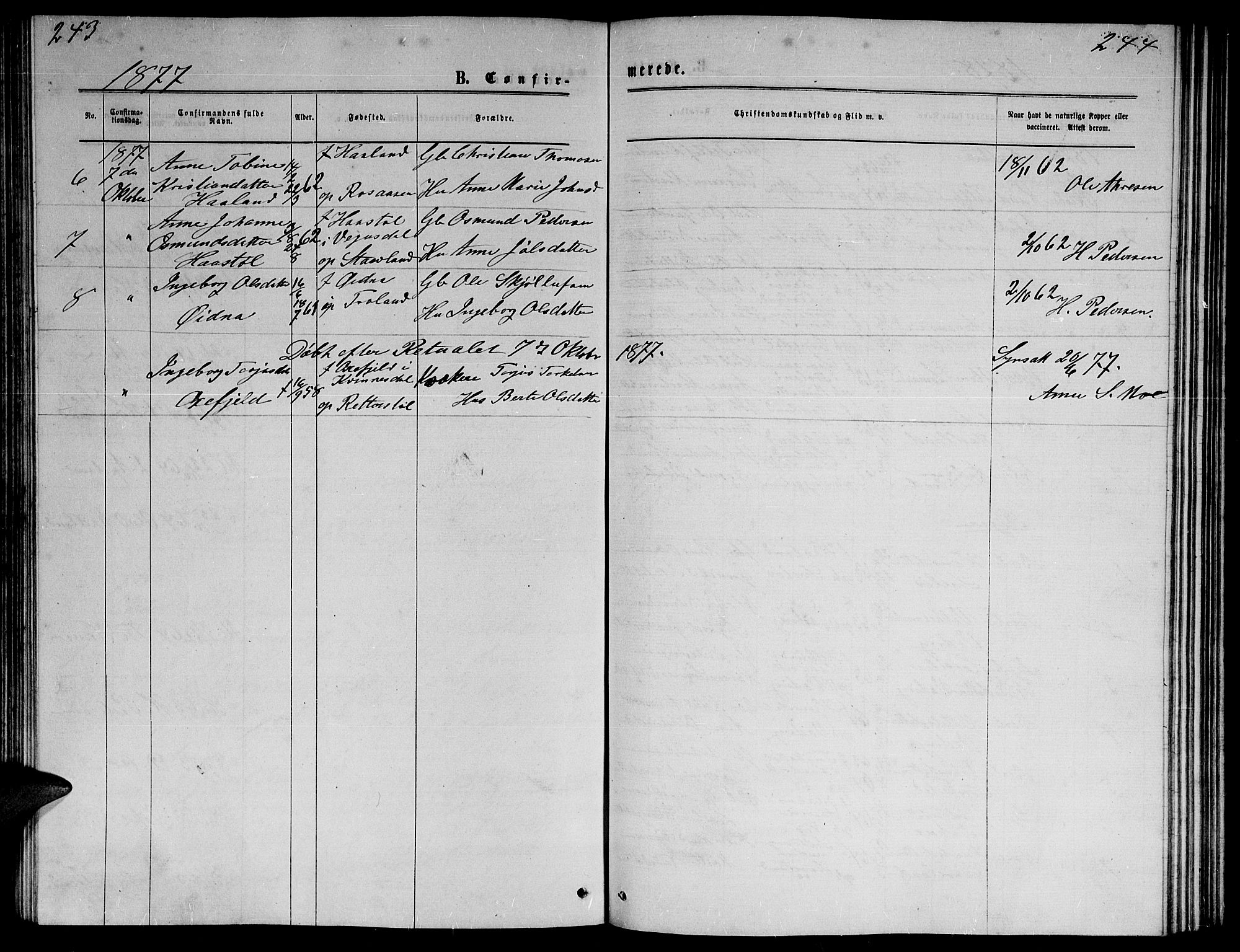 Herefoss sokneprestkontor, SAK/1111-0019/F/Fb/Fba/L0002: Parish register (copy) no. B 2, 1868-1886, p. 243-244