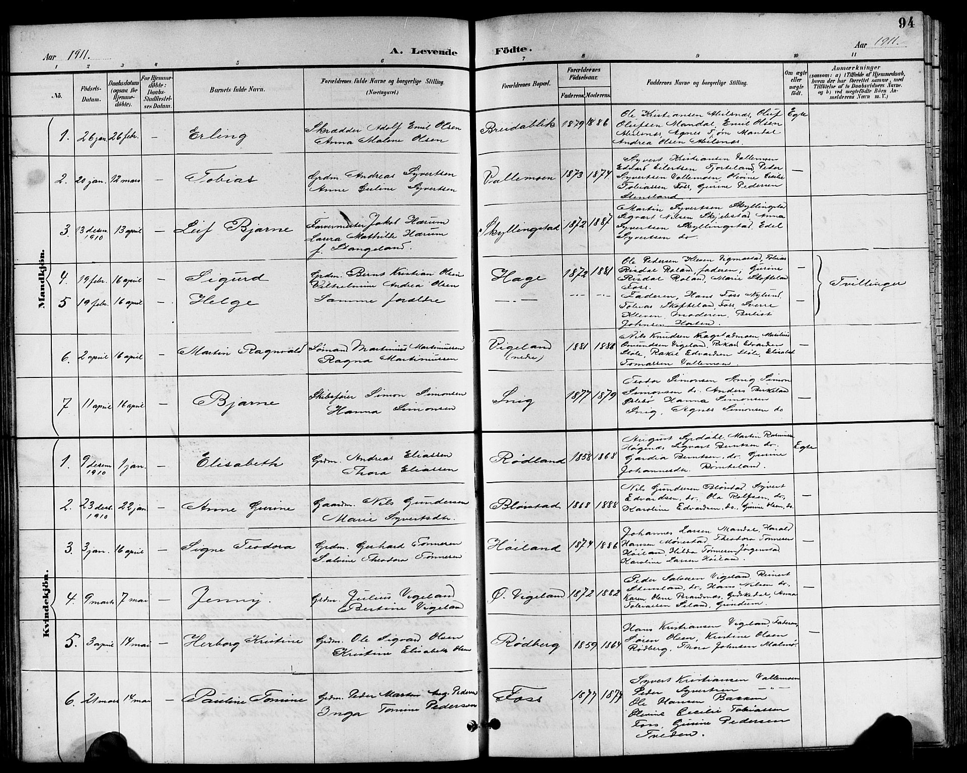 Sør-Audnedal sokneprestkontor, AV/SAK-1111-0039/F/Fb/Fbb/L0006: Parish register (copy) no. B 6, 1893-1915, p. 94