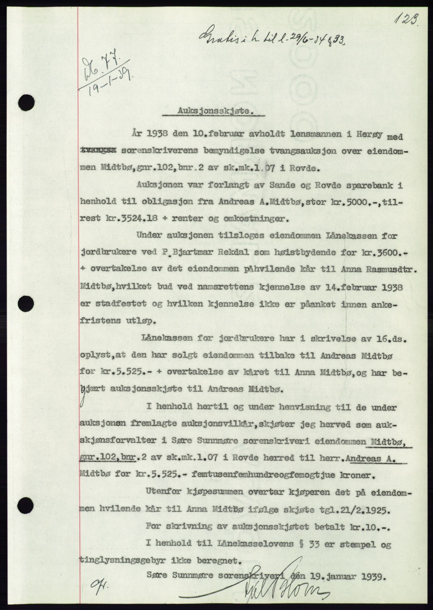 Søre Sunnmøre sorenskriveri, AV/SAT-A-4122/1/2/2C/L0067: Mortgage book no. 61, 1938-1939, Diary no: : 77/1939