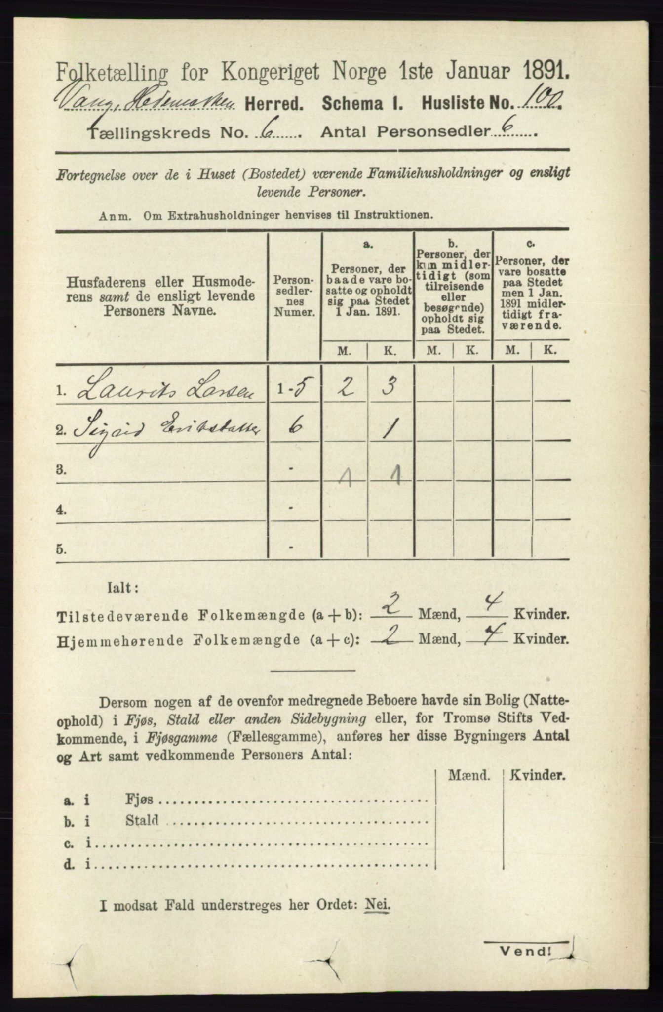 RA, 1891 census for 0414 Vang, 1891, p. 4269