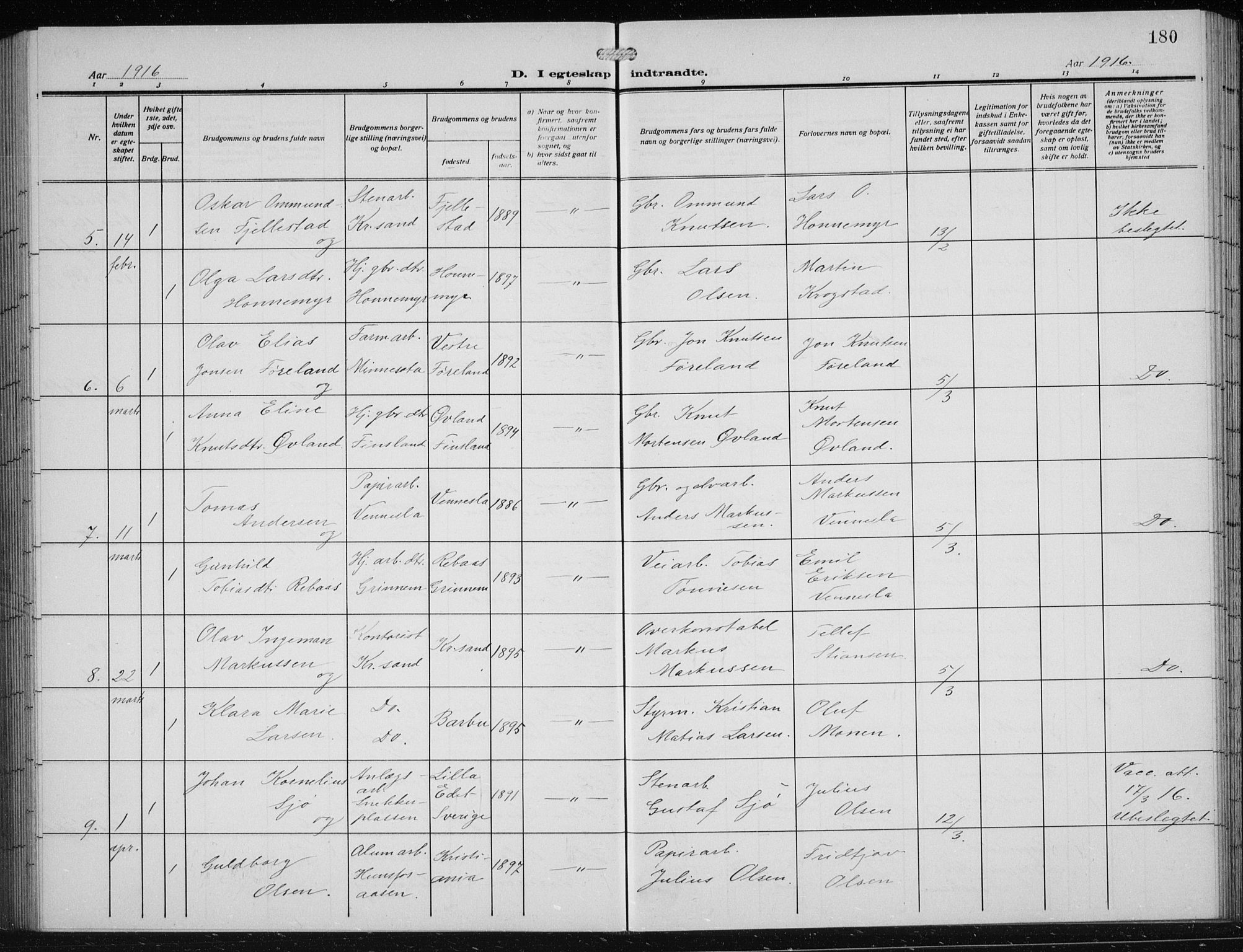 Vennesla sokneprestkontor, AV/SAK-1111-0045/Fb/Fbb/L0006: Parish register (copy) no. B 6, 1914-1921, p. 180