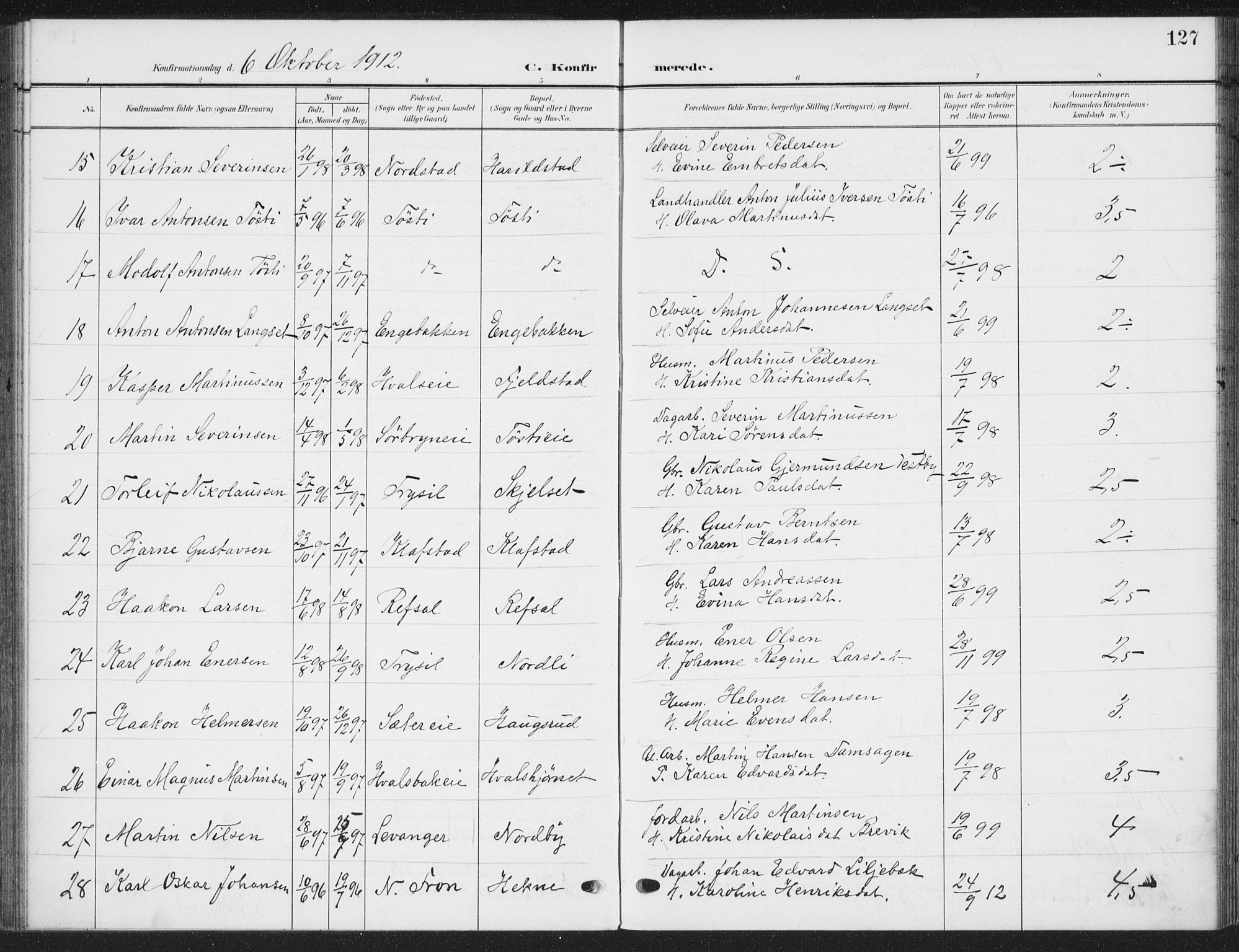 Romedal prestekontor, AV/SAH-PREST-004/K/L0009: Parish register (official) no. 9, 1906-1929, p. 127