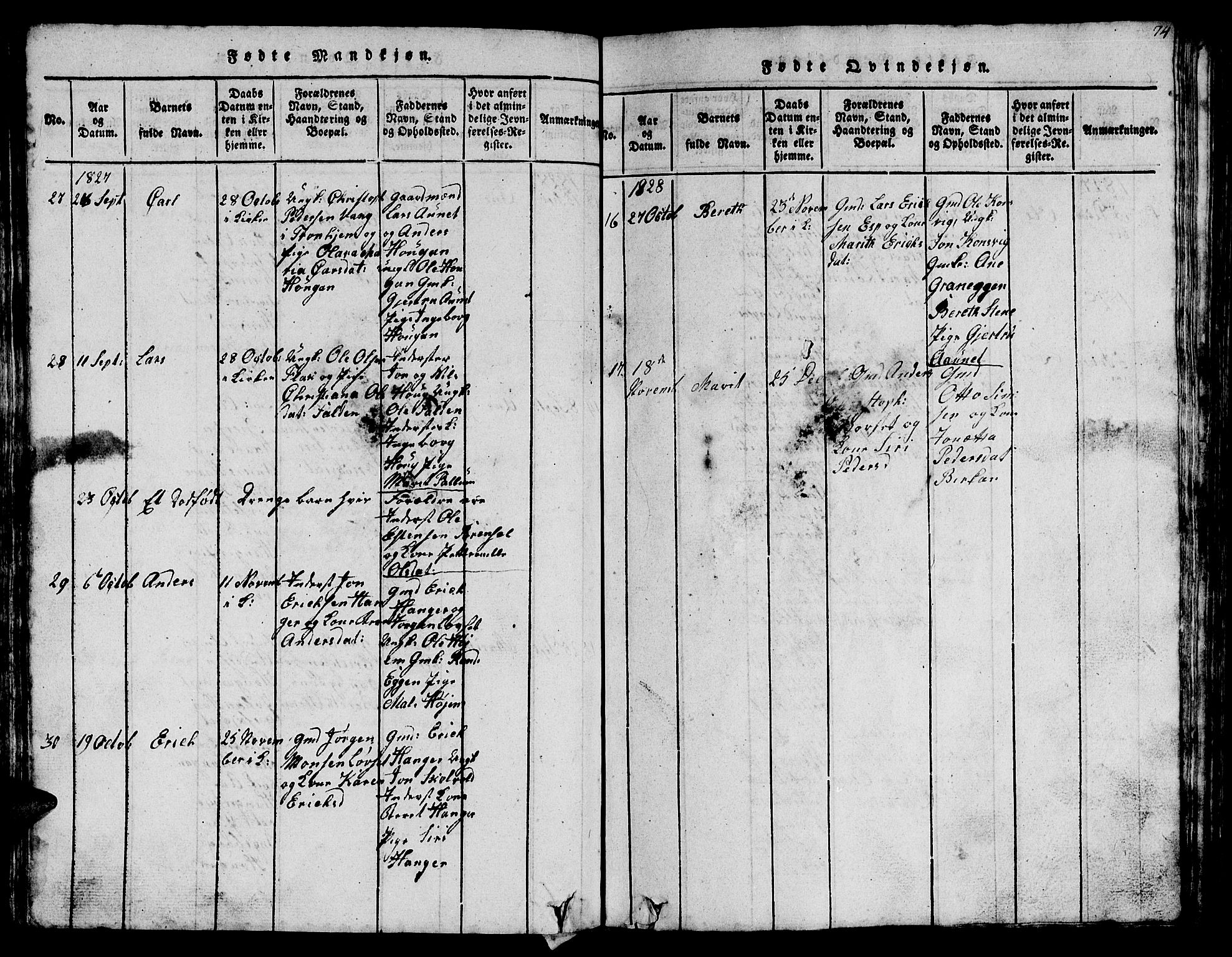 Ministerialprotokoller, klokkerbøker og fødselsregistre - Sør-Trøndelag, SAT/A-1456/612/L0385: Parish register (copy) no. 612C01, 1816-1845, p. 74