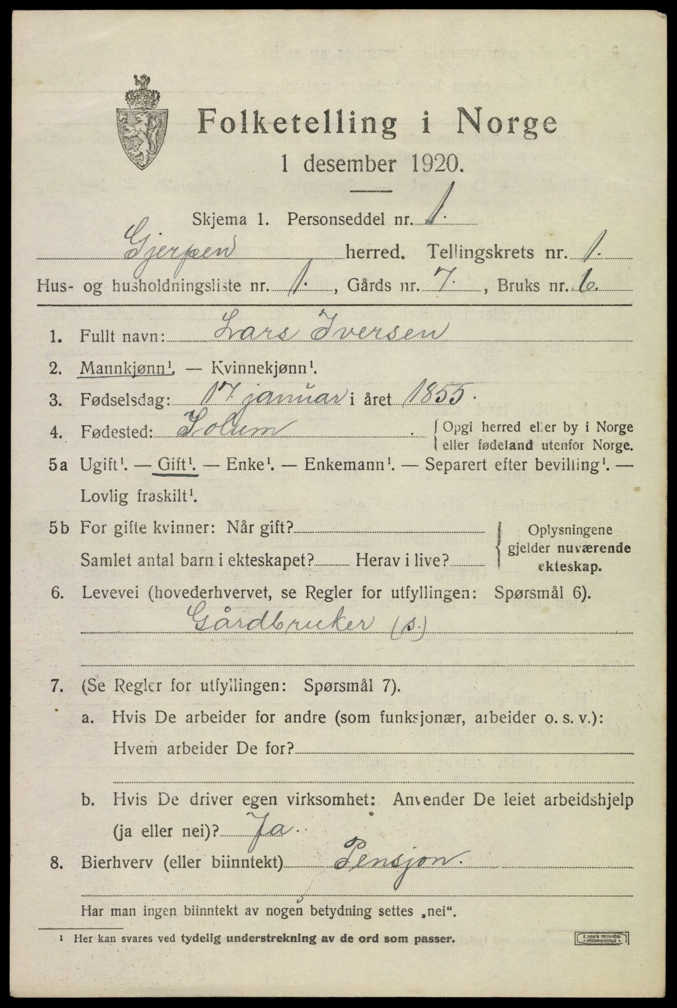 SAKO, 1920 census for Gjerpen, 1920, p. 2692