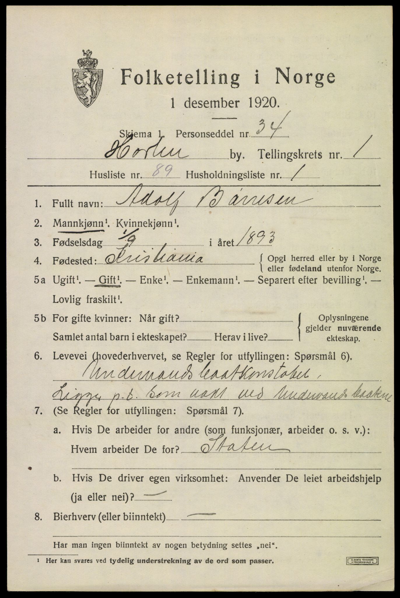 SAKO, 1920 census for Horten, 1920, p. 10201