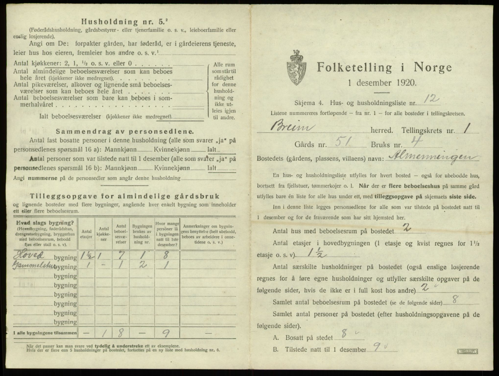 SAB, 1920 census for Breim, 1920, p. 61