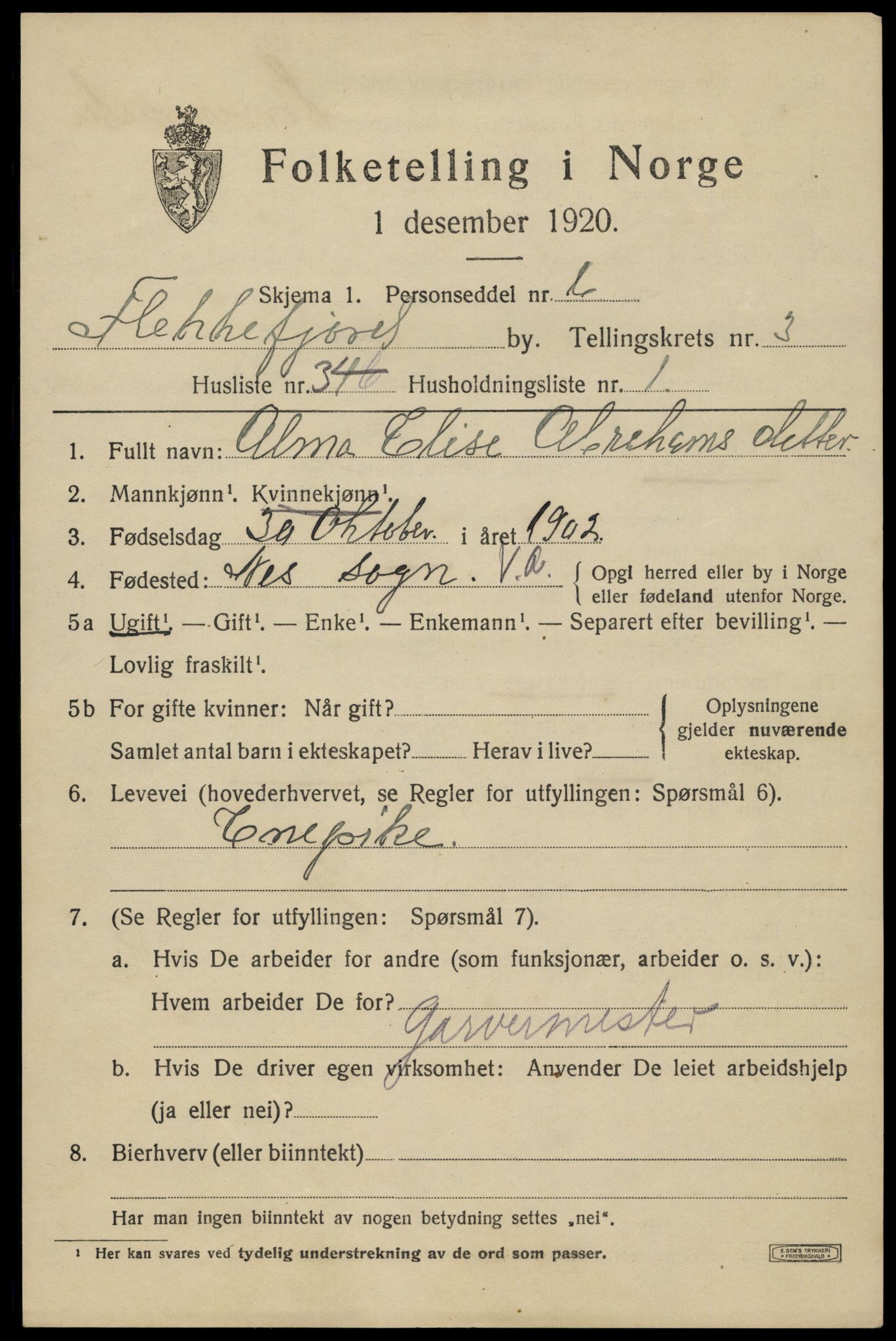 SAK, 1920 census for Flekkefjord, 1920, p. 3808