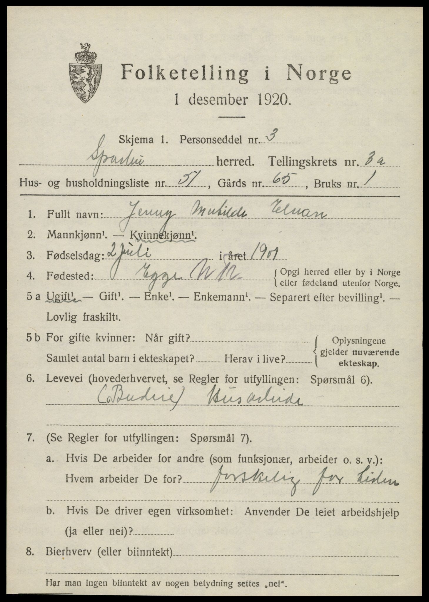 SAT, 1920 census for Sparbu, 1920, p. 4835