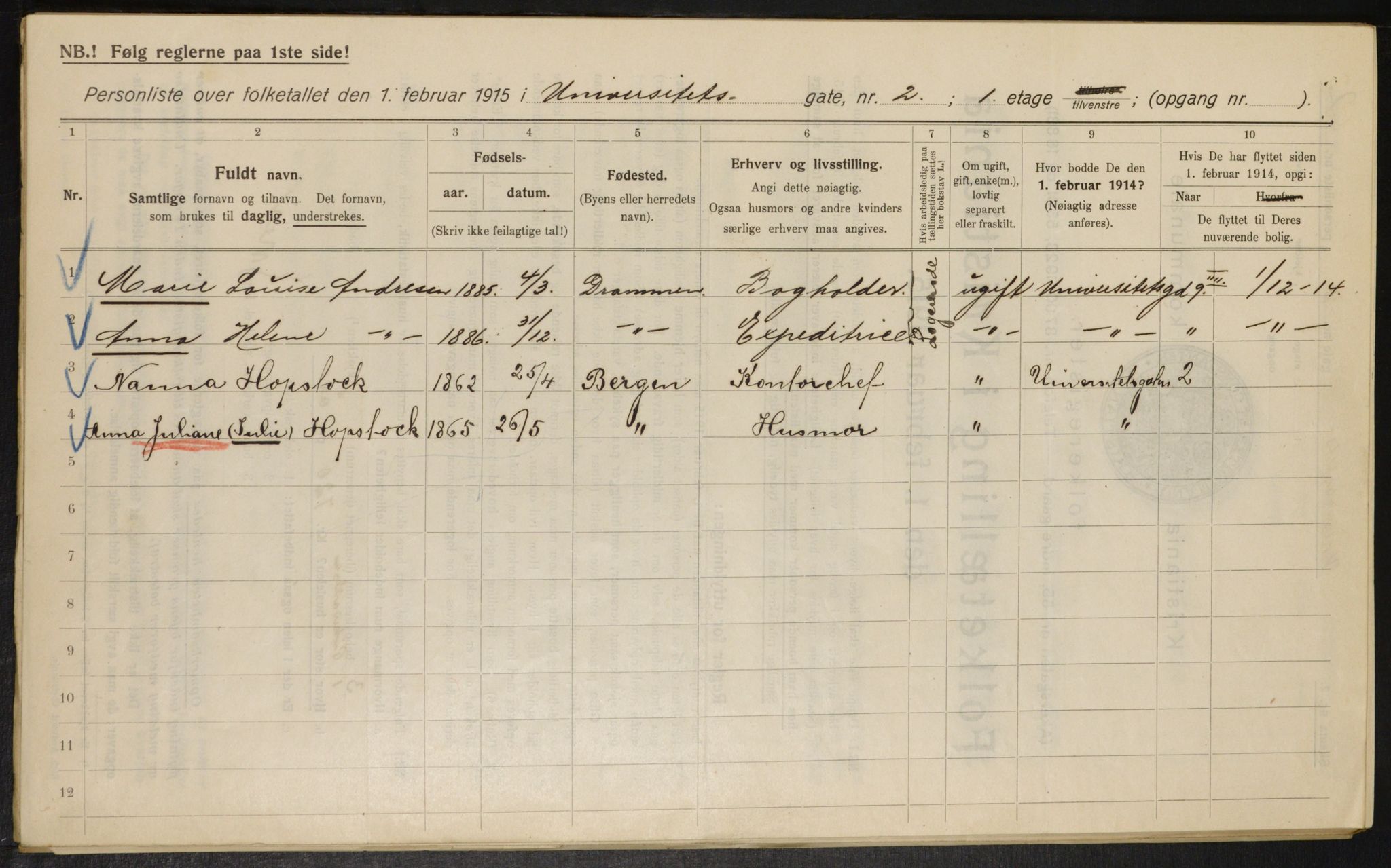 OBA, Municipal Census 1915 for Kristiania, 1915, p. 120605