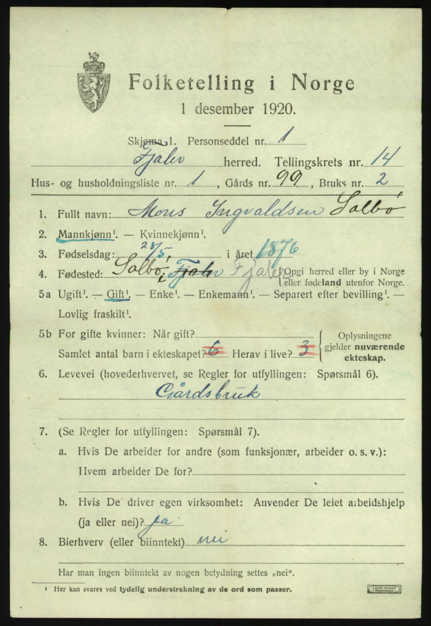 SAB, 1920 census for Fjaler, 1920, p. 7817