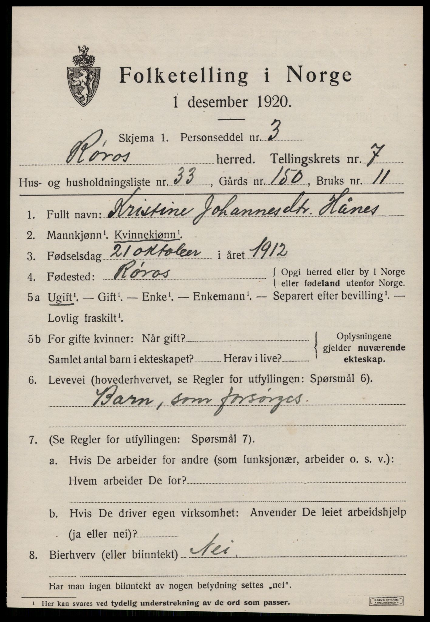 SAT, 1920 census for Røros, 1920, p. 7348