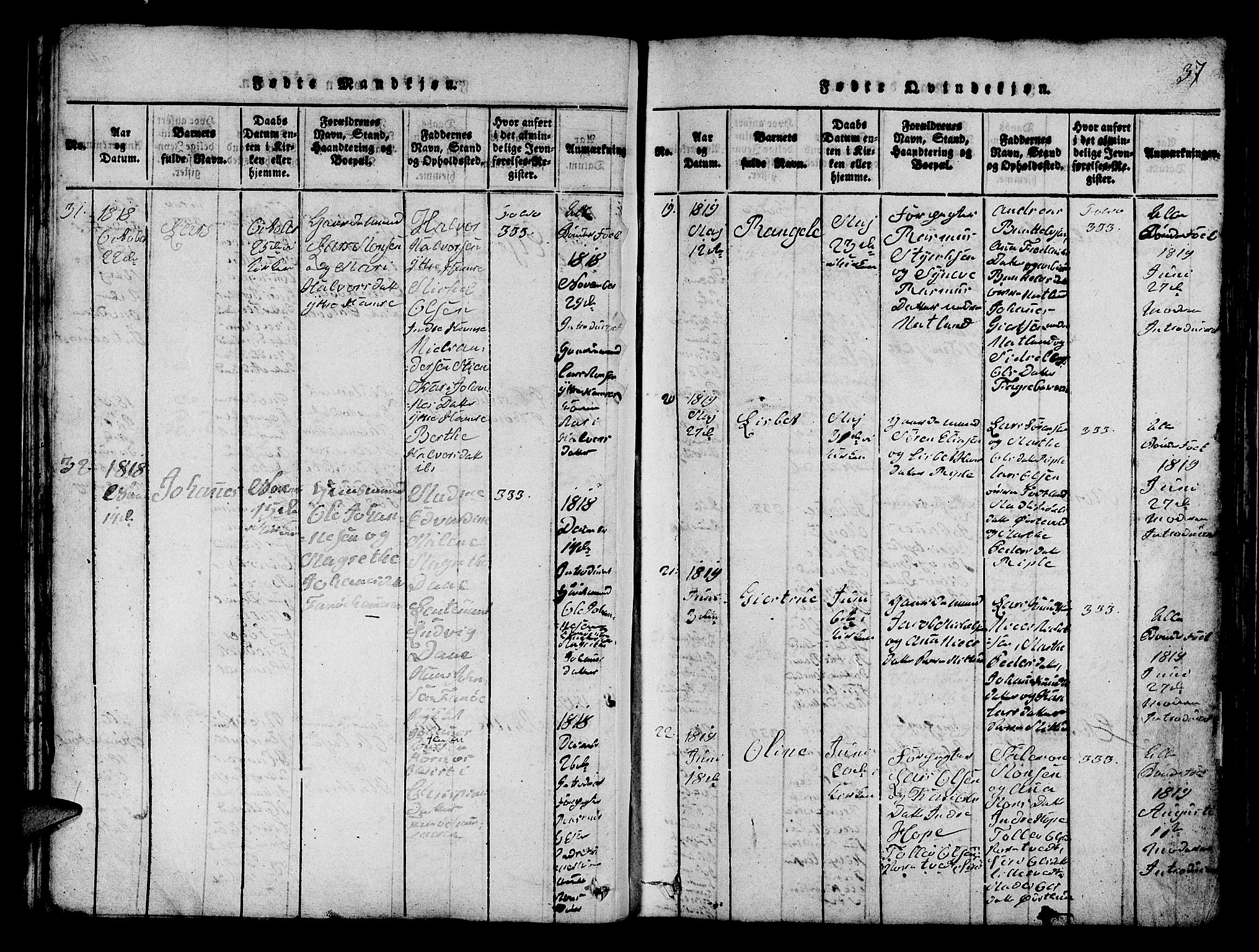 Fana Sokneprestembete, SAB/A-75101/H/Hab/Haba/L0001: Parish register (copy) no. A 1, 1816-1836, p. 37