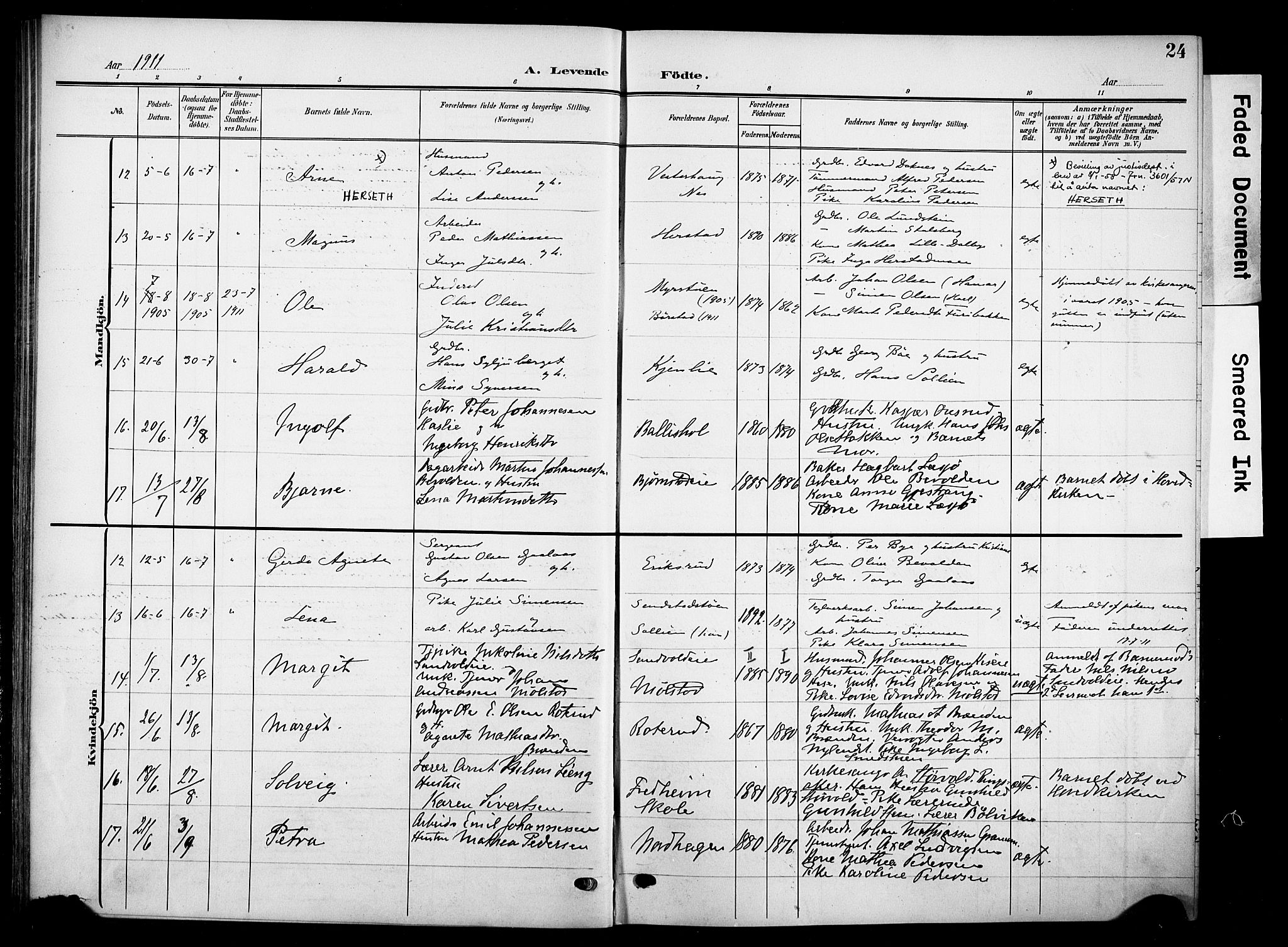 Nes prestekontor, Hedmark, SAH/PREST-020/K/Ka/L0013: Parish register (official) no. 13, 1906-1924, p. 24