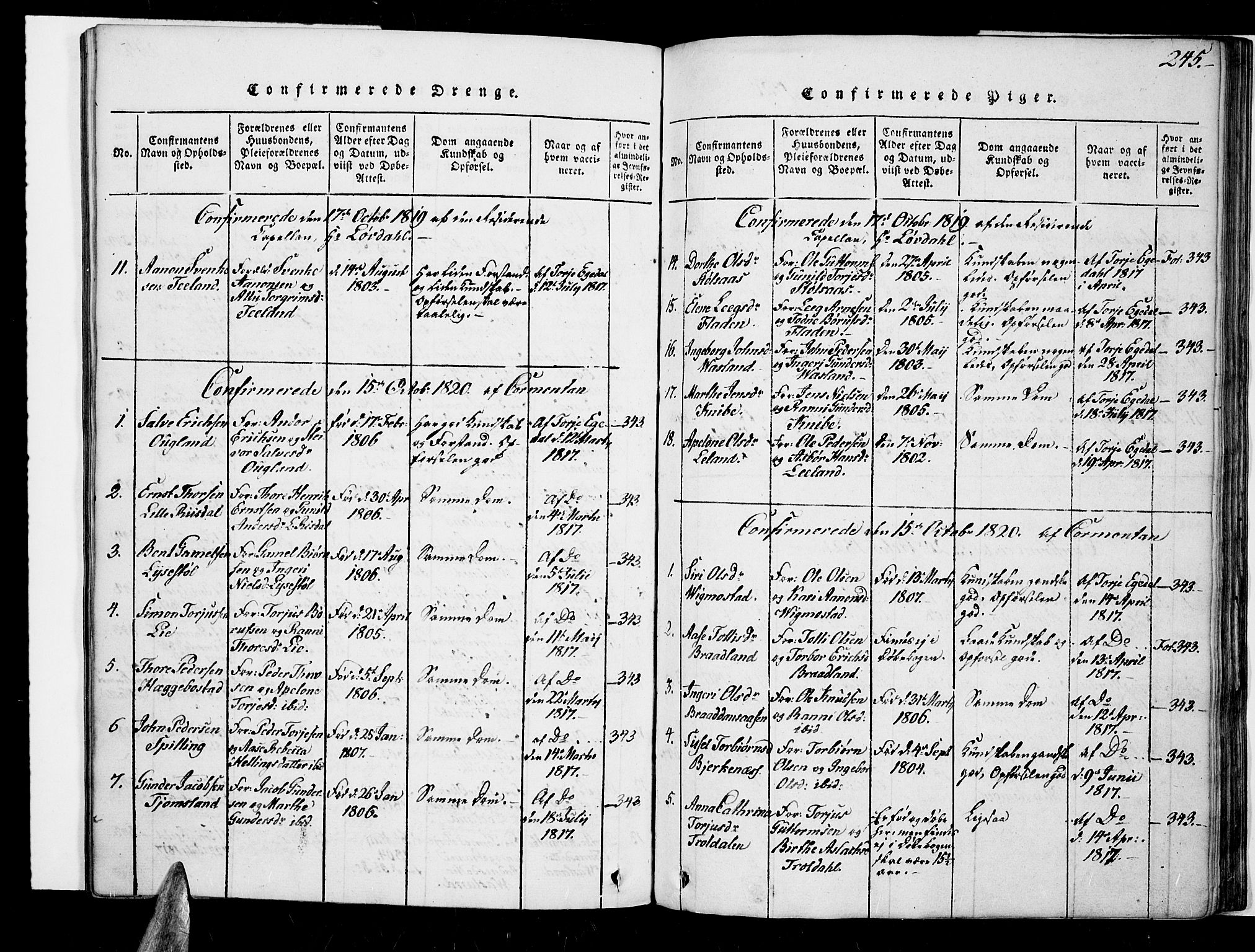 Nord-Audnedal sokneprestkontor, AV/SAK-1111-0032/F/Fa/Fab/L0001: Parish register (official) no. A 1, 1816-1858, p. 245