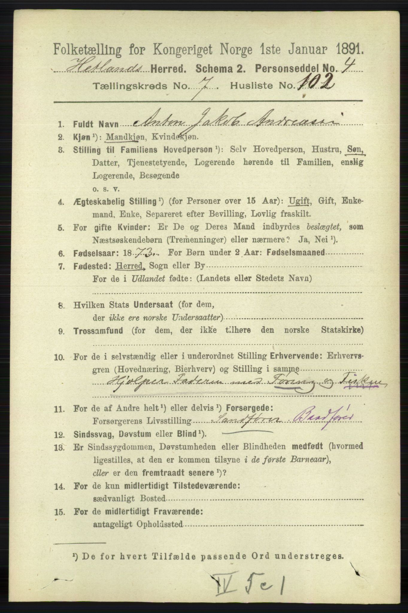 RA, 1891 census for 1126 Hetland, 1891, p. 4339