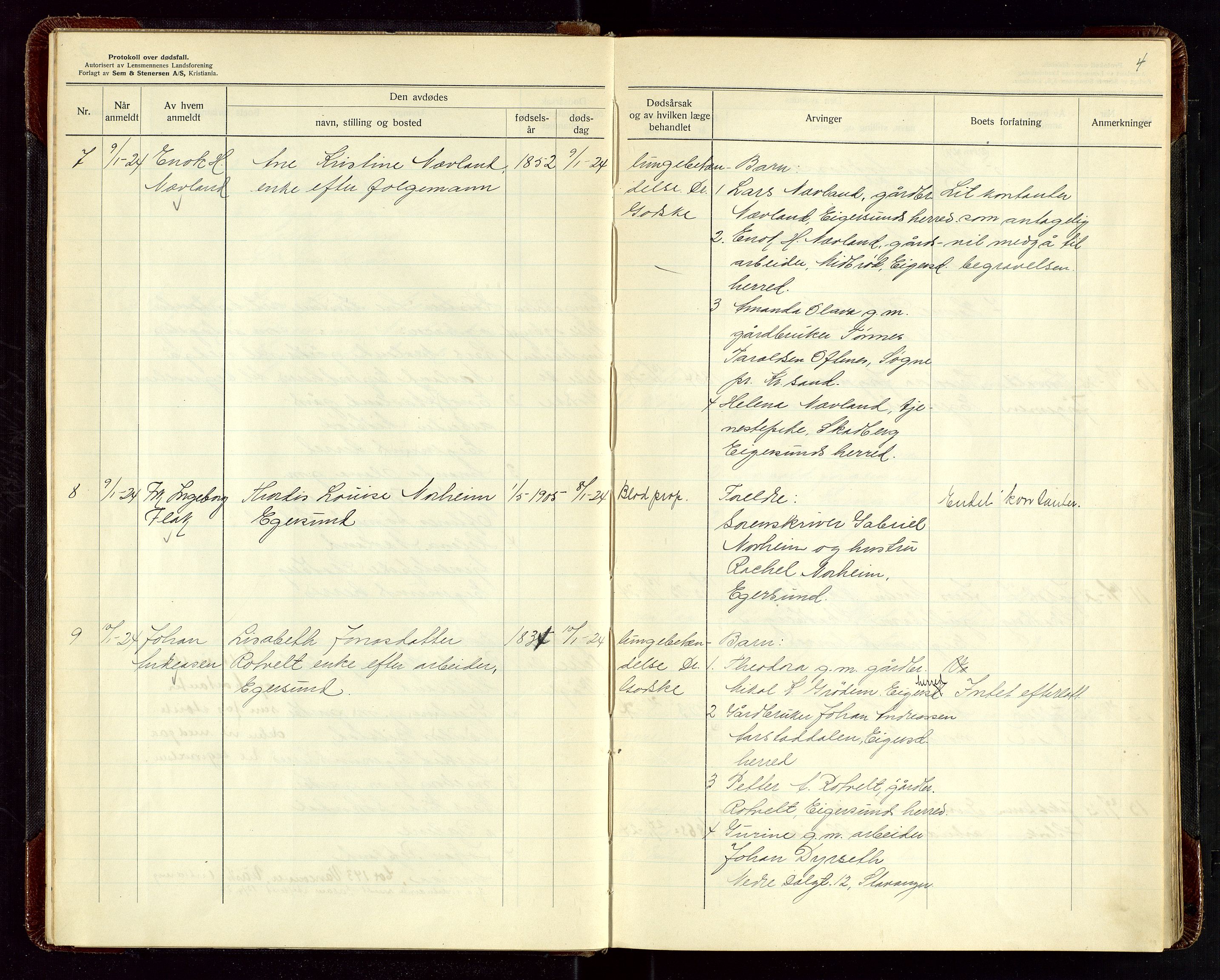 Eigersund lensmannskontor, AV/SAST-A-100171/Gga/L0009: "Protokoll over anmeldte dødsfall" m/alfabetisk navneregister, 1922-1926, p. 4