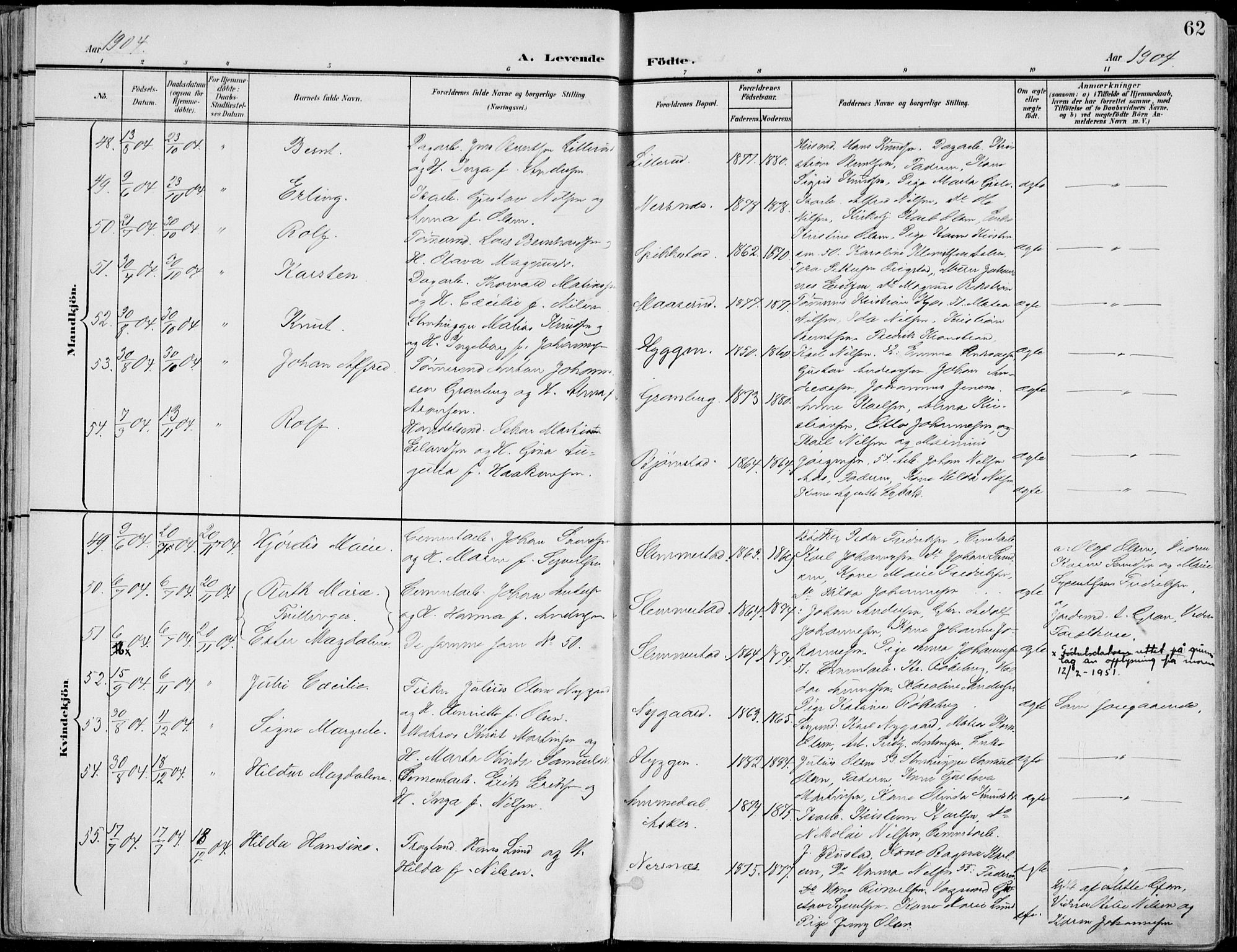Røyken kirkebøker, SAKO/A-241/F/Fa/L0009: Parish register (official) no. 9, 1898-1911, p. 62