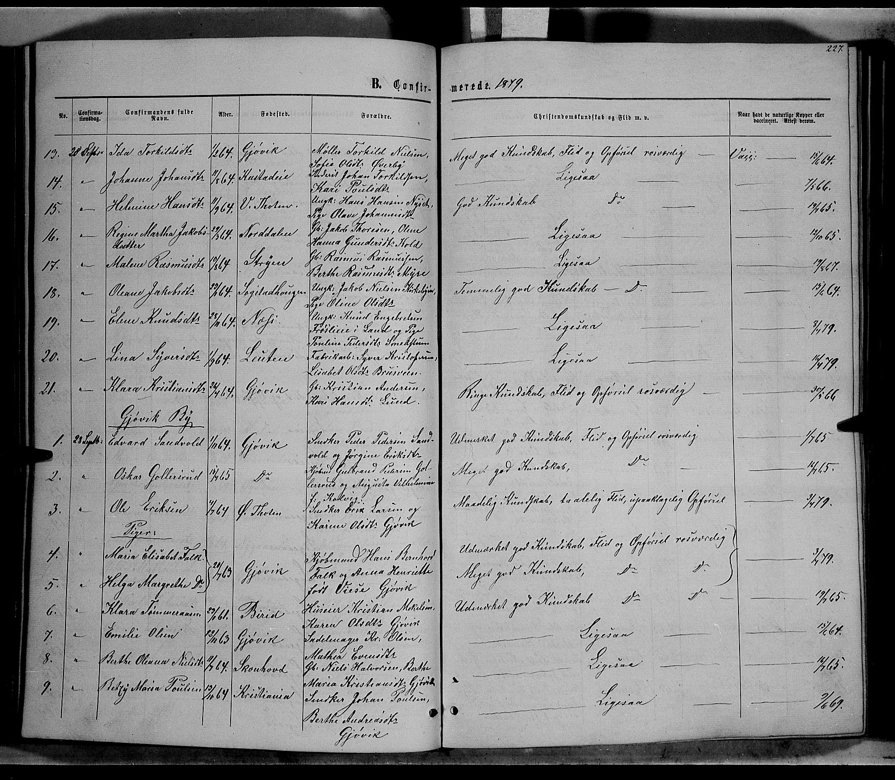 Vardal prestekontor, SAH/PREST-100/H/Ha/Hab/L0006: Parish register (copy) no. 6, 1869-1881, p. 227