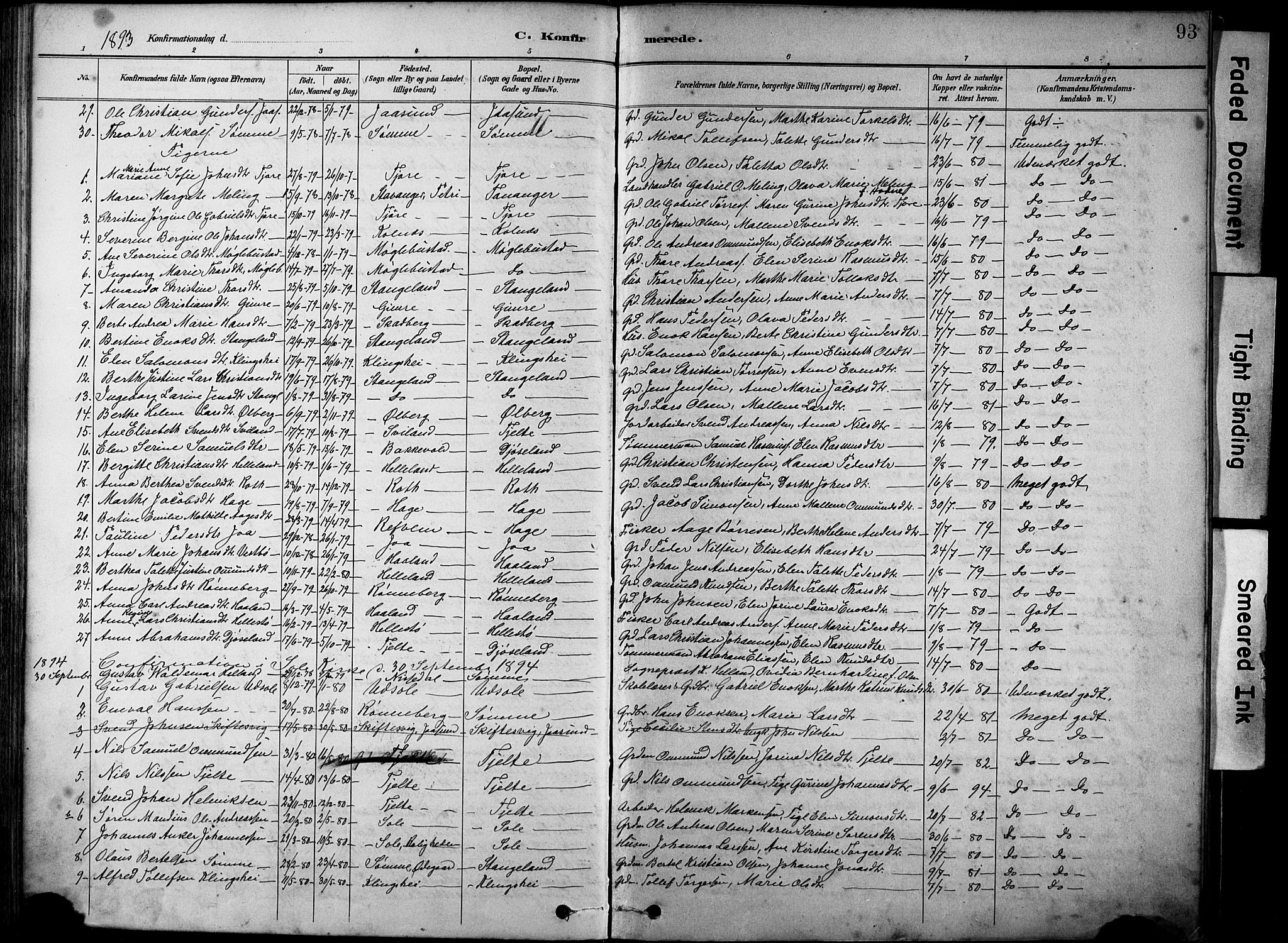 Håland sokneprestkontor, SAST/A-101802/001/30BA/L0012: Parish register (official) no. A 11, 1889-1900, p. 93
