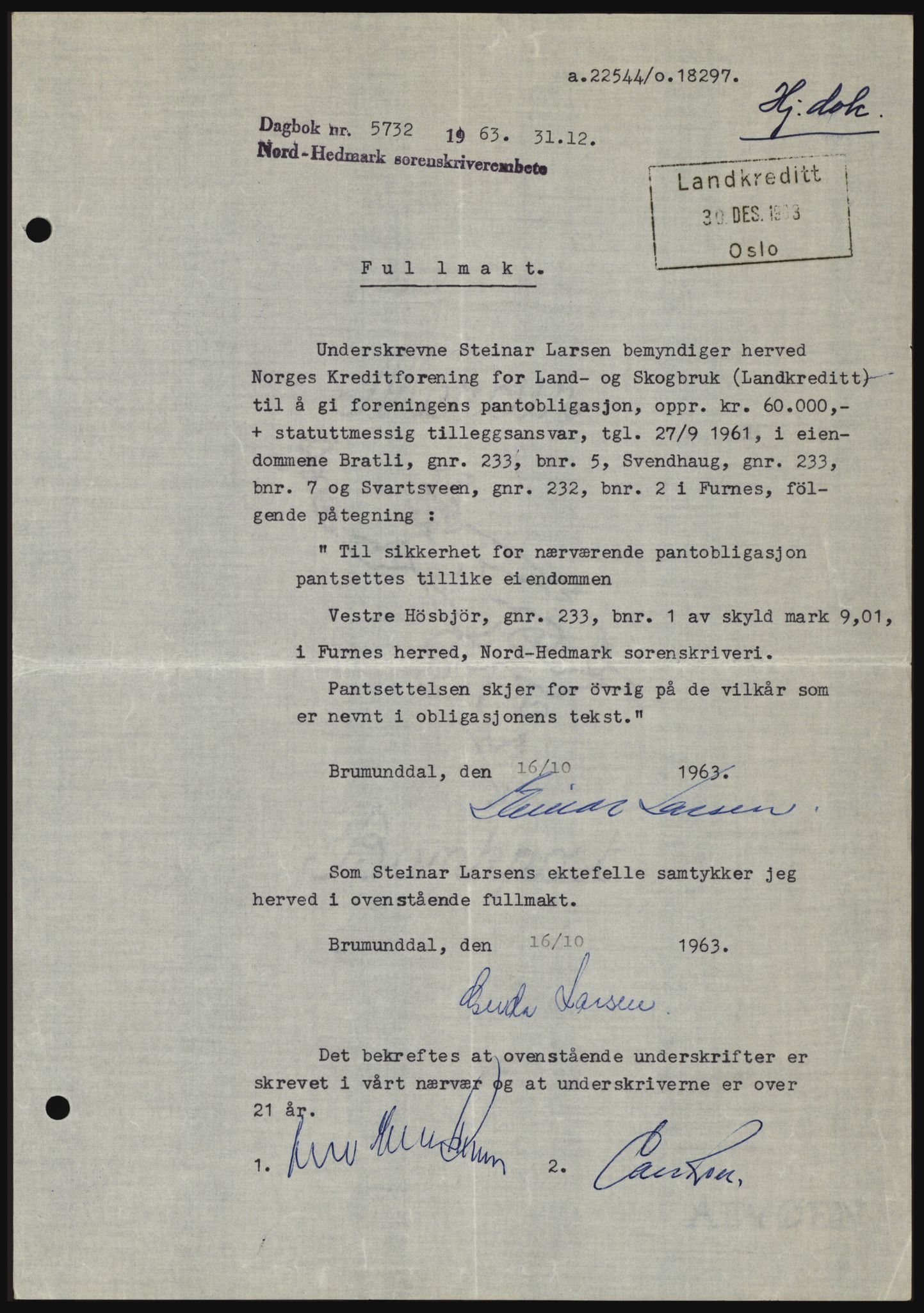 Nord-Hedmark sorenskriveri, SAH/TING-012/H/Hc/L0019: Mortgage book no. 19, 1963-1964, Diary no: : 5732/1963