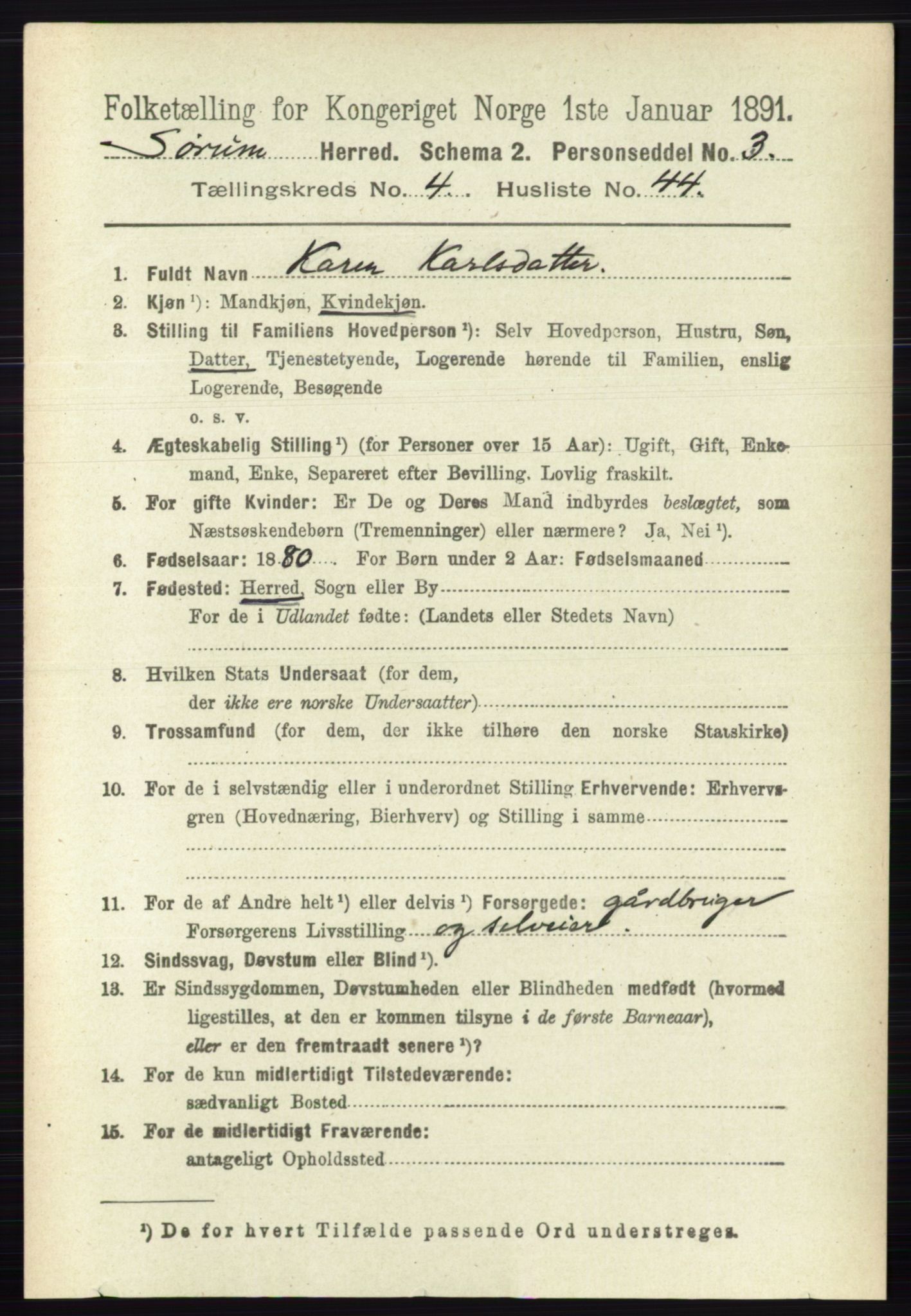 RA, 1891 census for 0226 Sørum, 1891, p. 2130