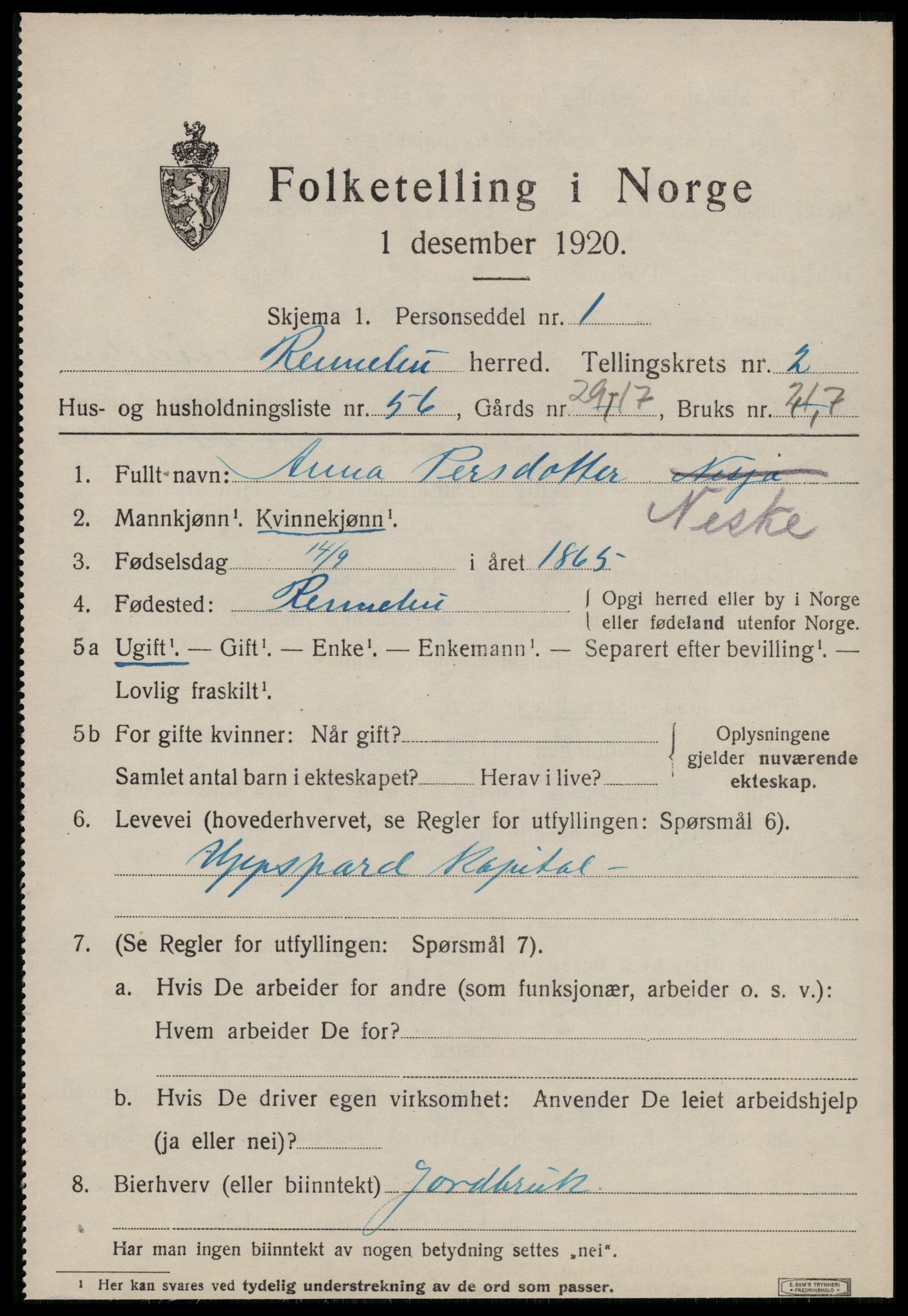 SAT, 1920 census for Rennebu, 1920, p. 1916